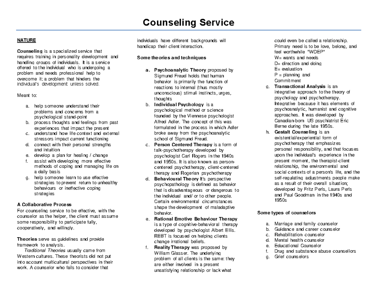 Counseling Overview Counseling Service NATURE Counseling is a