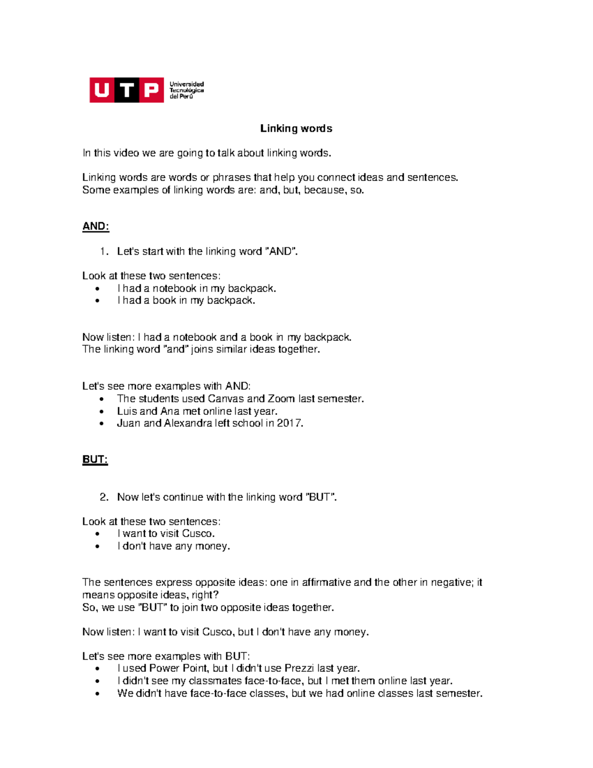 PDF Linking words Linking words In this video we are going to talk