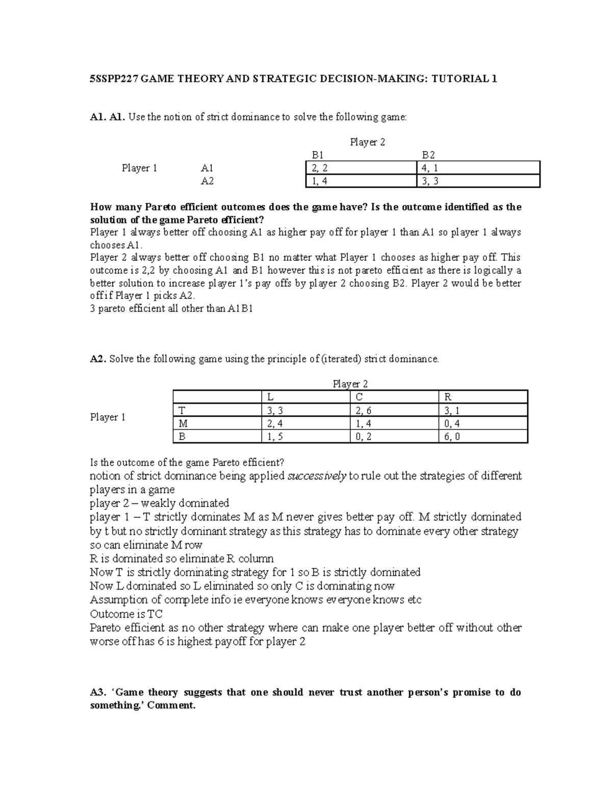Gametheory sem1 - notes for seminar 1 - 5SSPP227 GAME THEORY AND ...