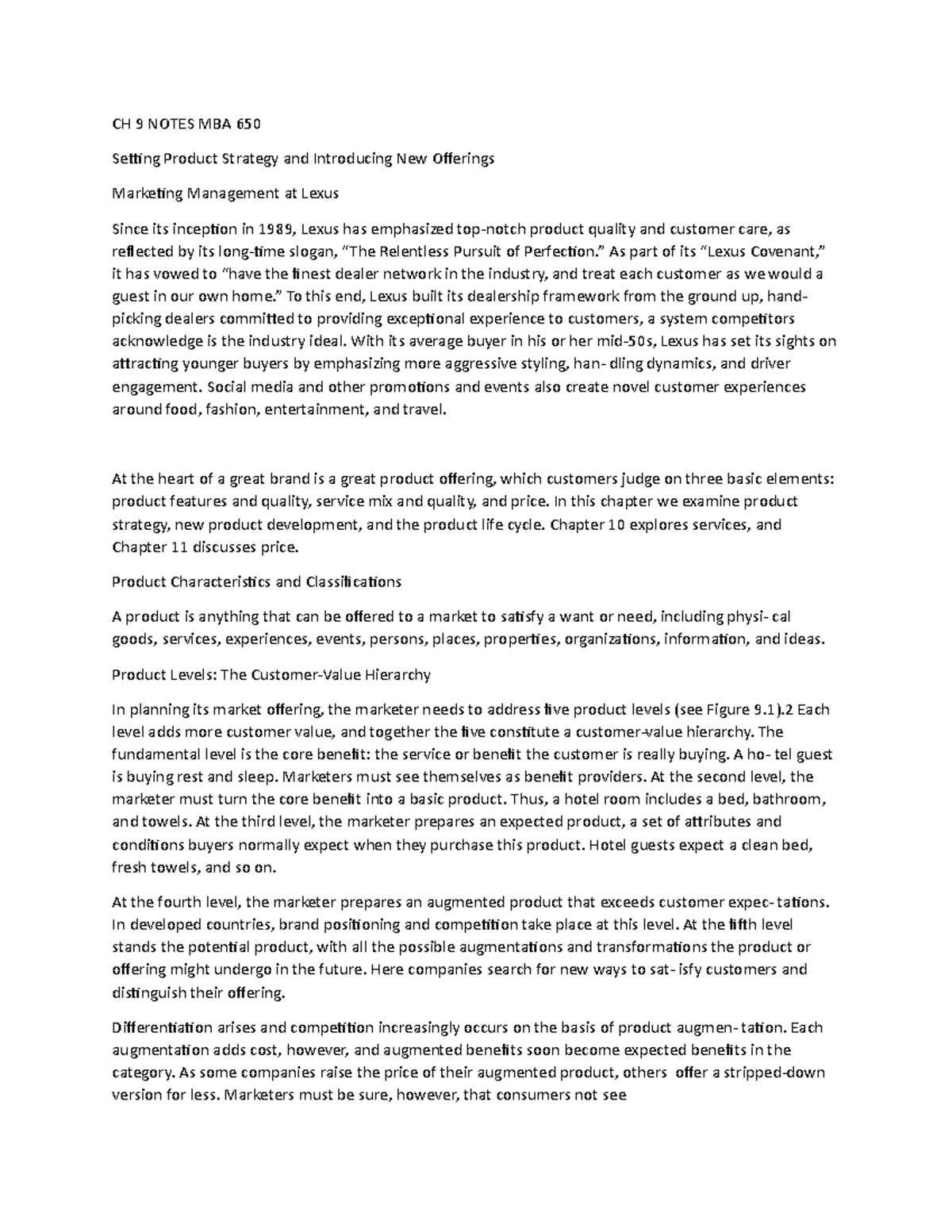 MBA 650 CH 9 Notes - CH 9 NOTES MBA 650 Setting Product Strategy and ...