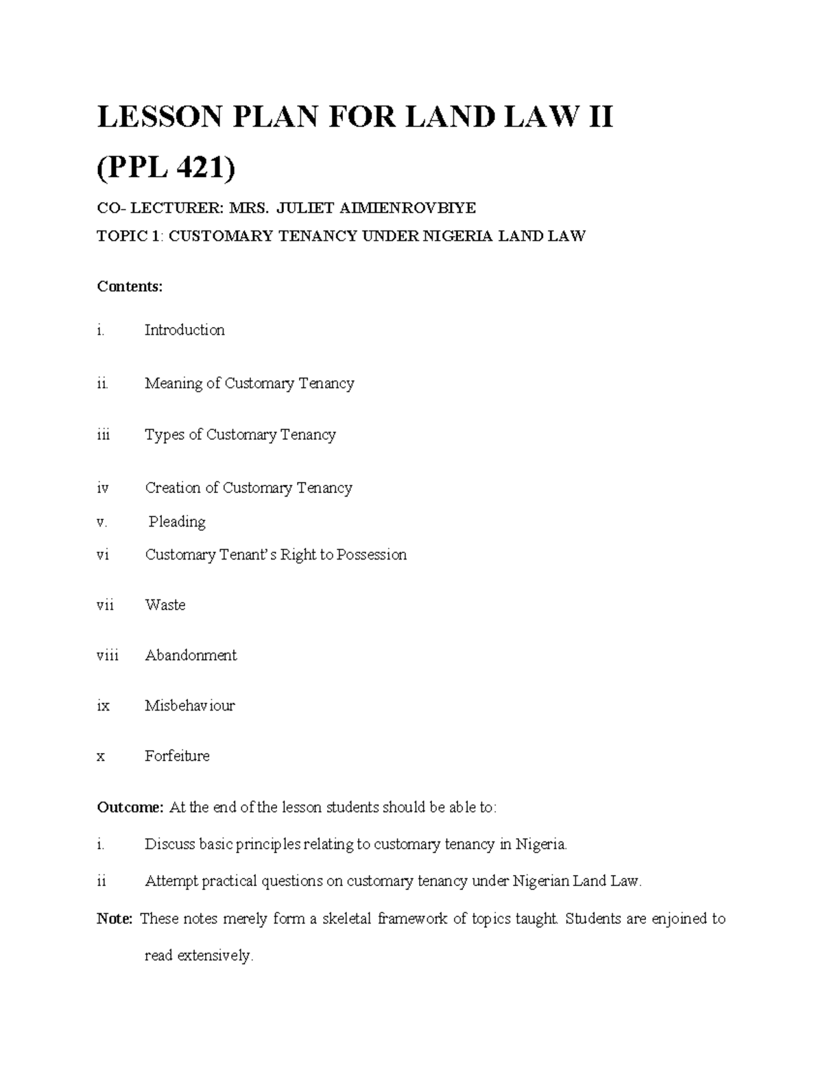 Land Law Notes for Law - LESSON PLAN FOR LAND LAW II (PPL 421) CO ...