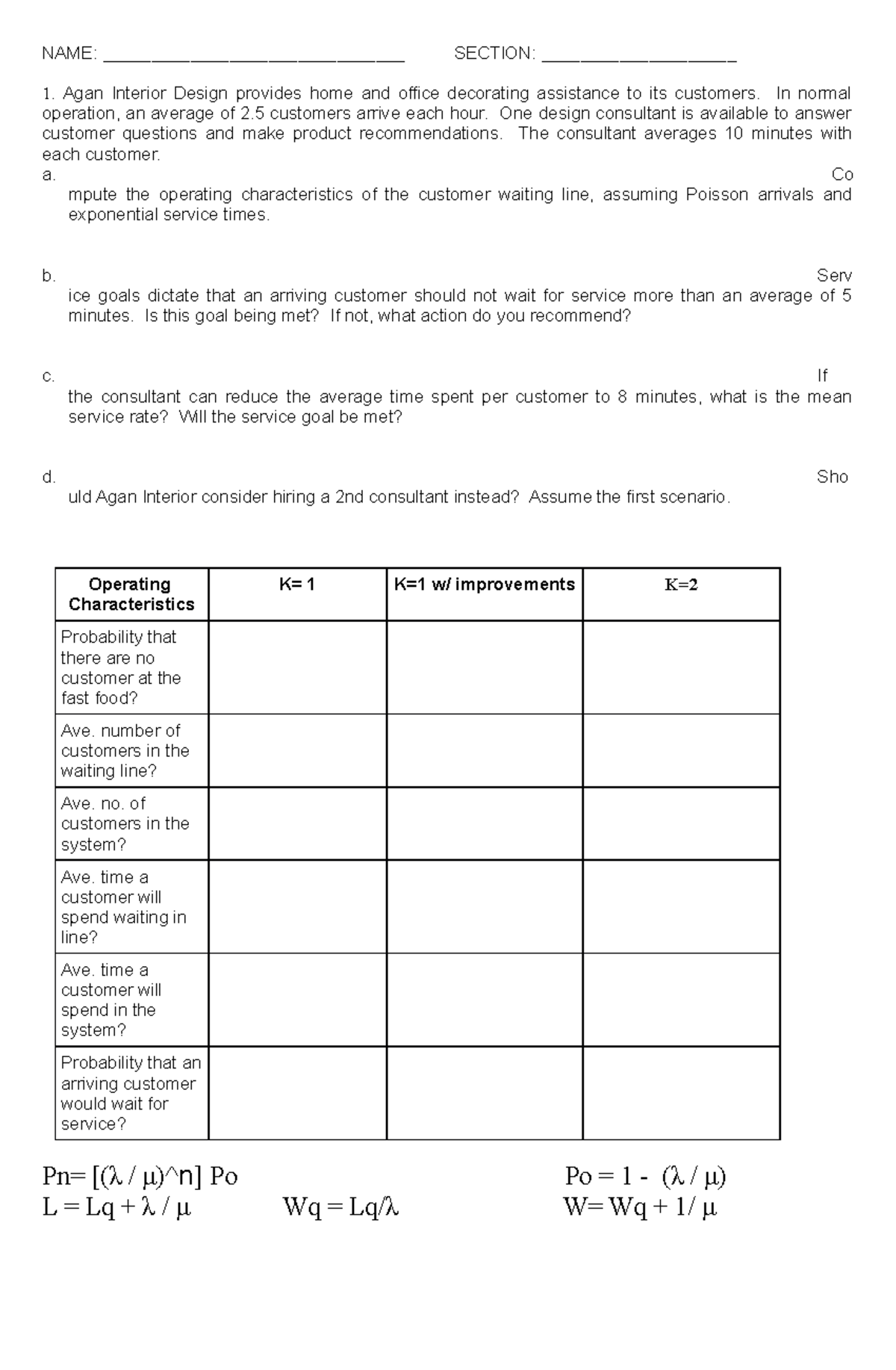Queue Exercise#2 - Management Science - NAME ...