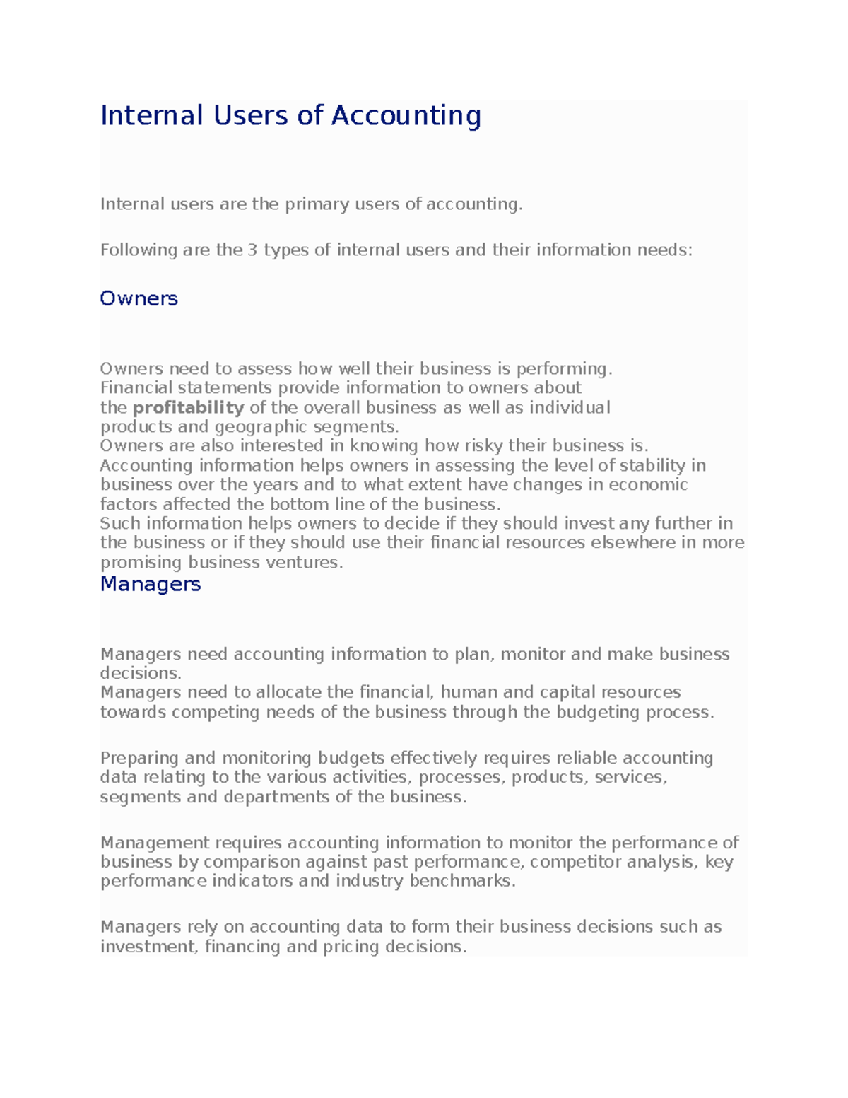 Internal Users of Accounting - Internal Users of Accounting Internal ...