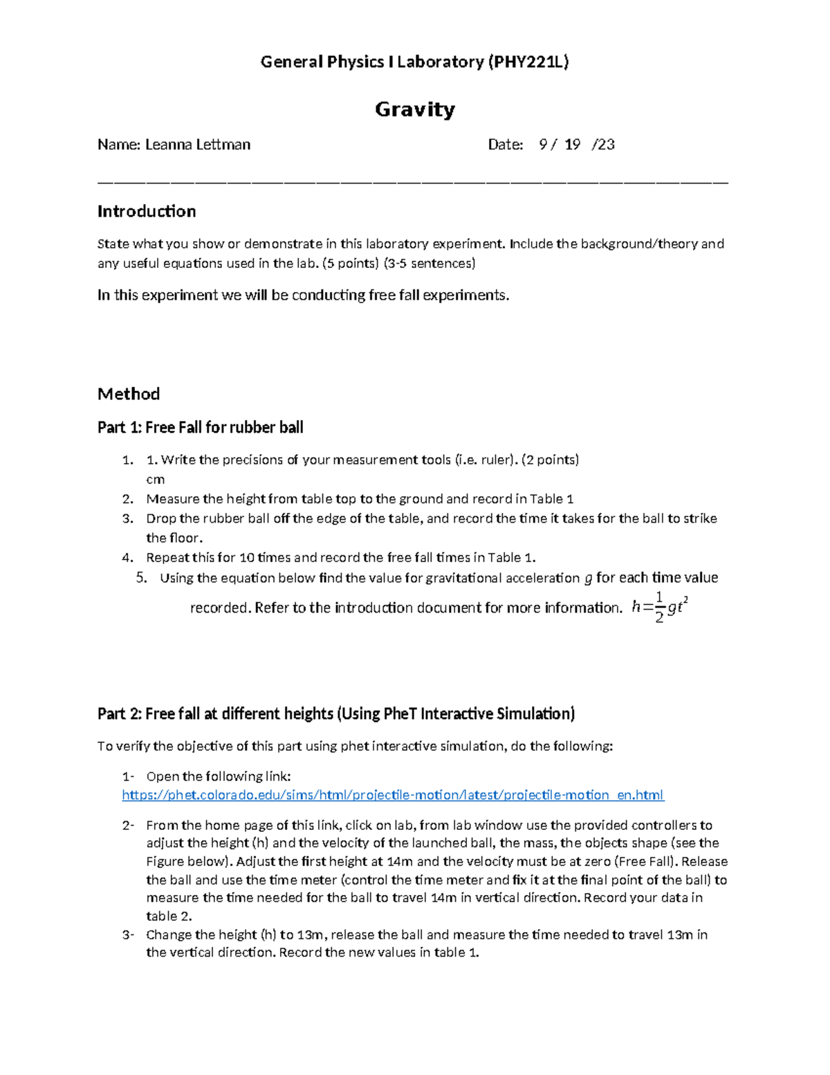 Lab Gravity Physics General Physics I Laboratory Phy L