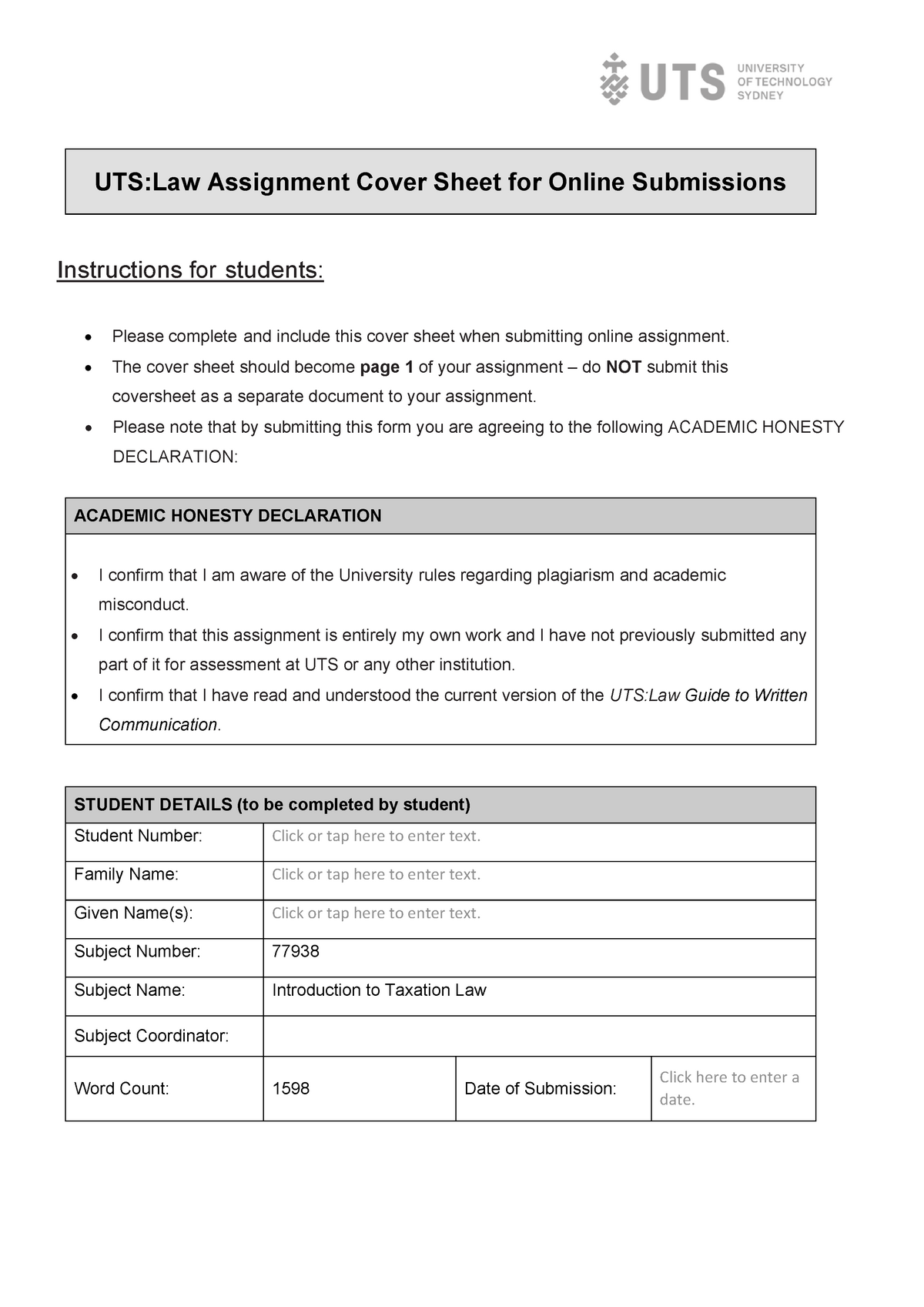 uts law assignment cover sheet