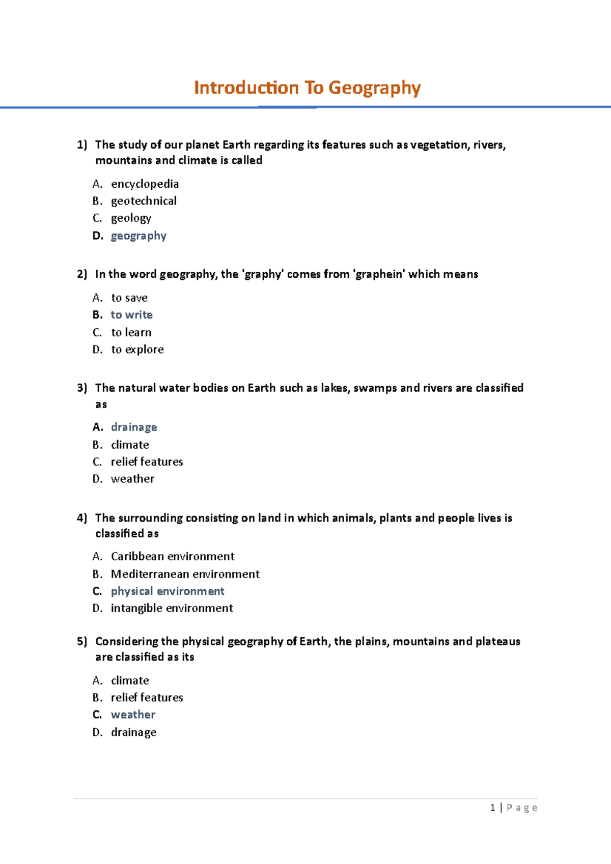 Introduction to geography Multiple Choice Quiestions - Introduction To ...