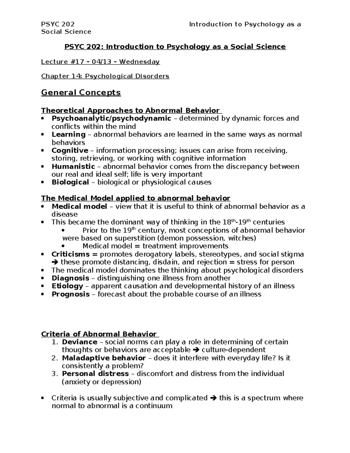 Chapter 14- Psychological Disorders Notes - Social Science PSYC 202 ...
