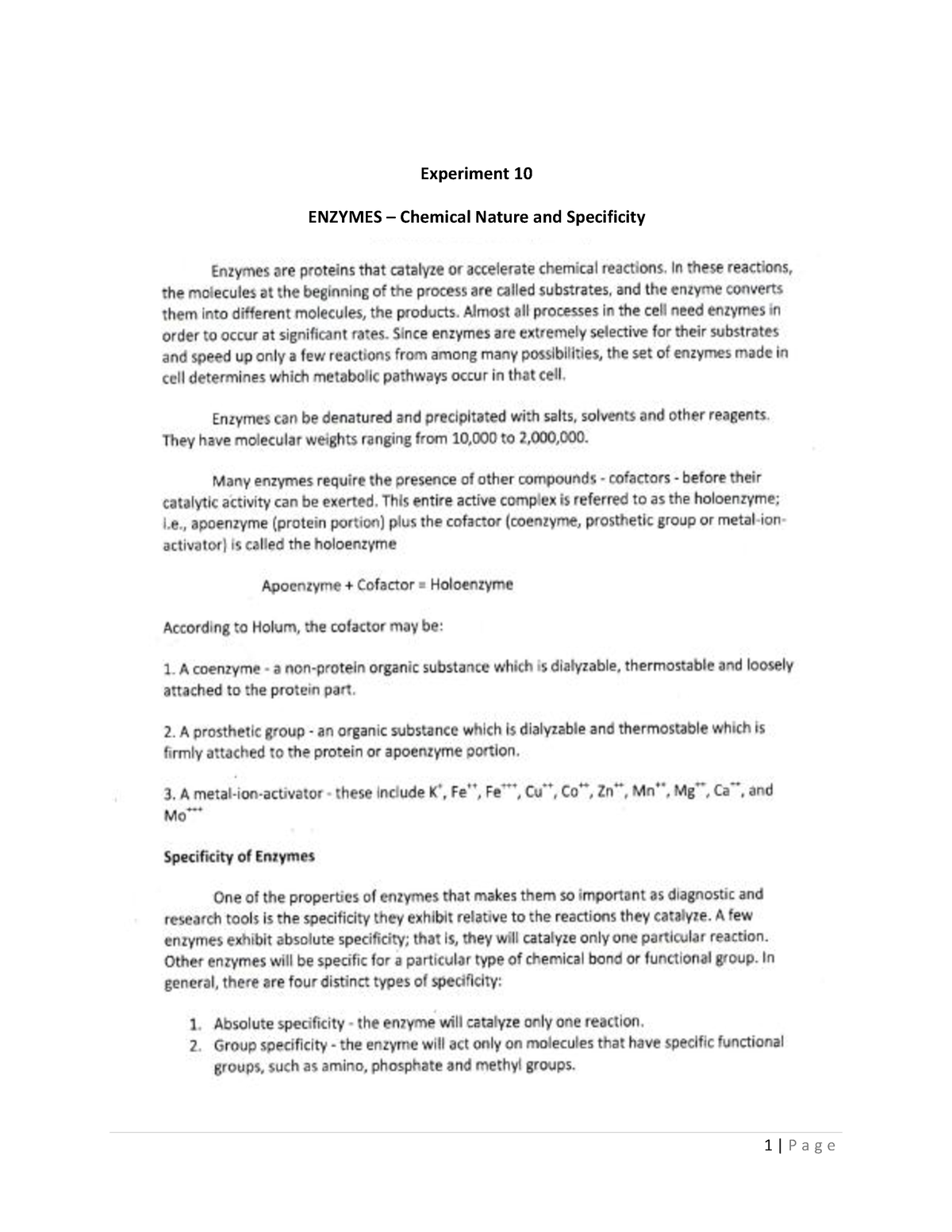 experiment 10 enzymes