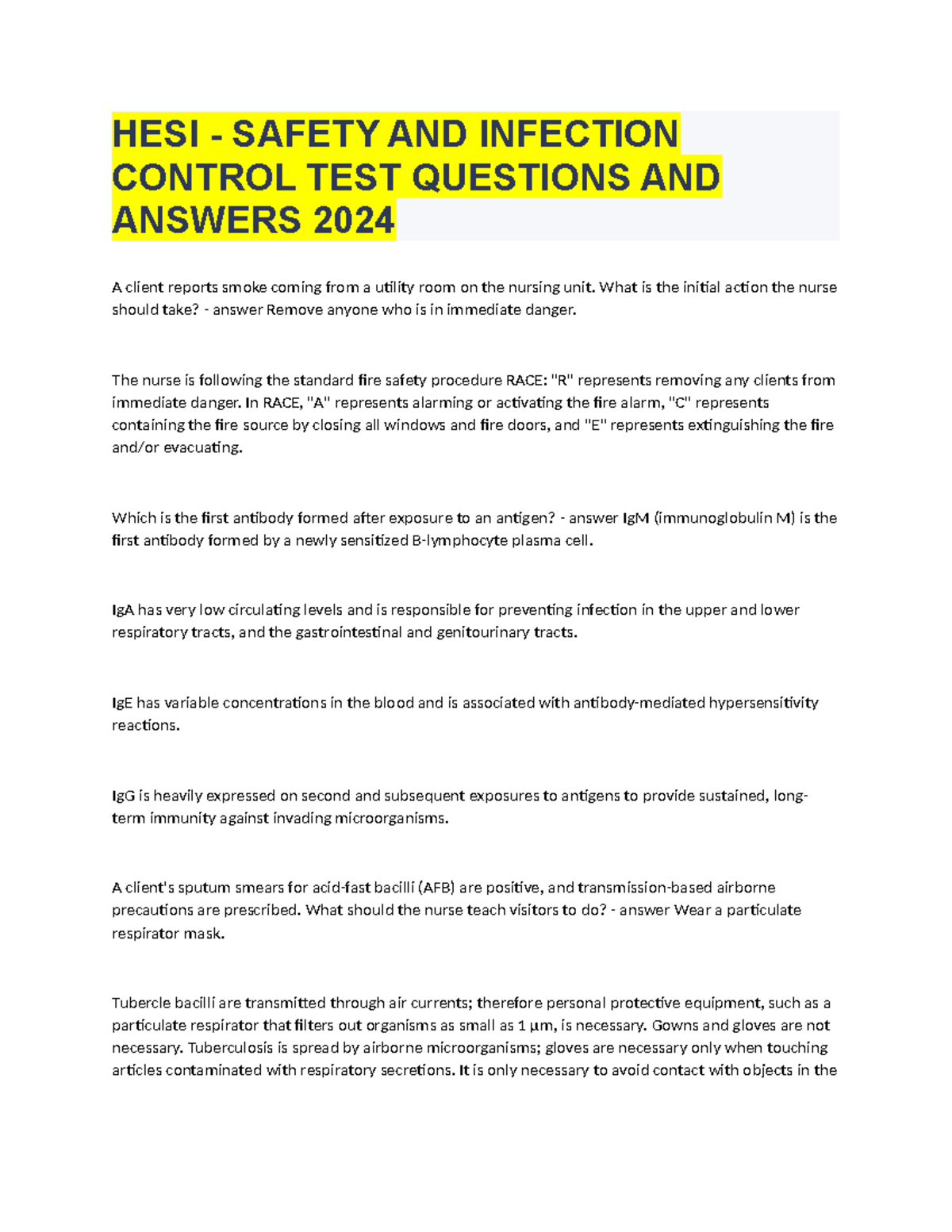 HESI Safety AND Infection Control TEST Questions AND Answers 2024