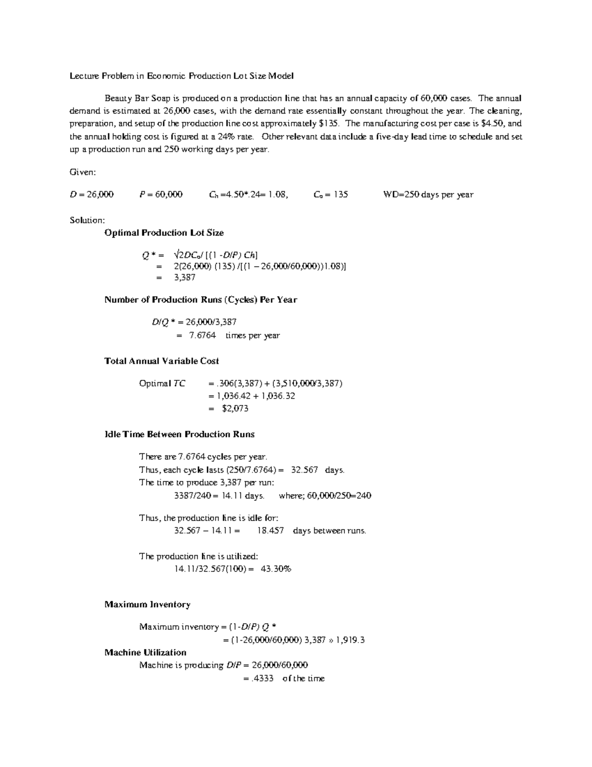Lecture Problem in Production Lot Size - Lecture Problem in Economic ...