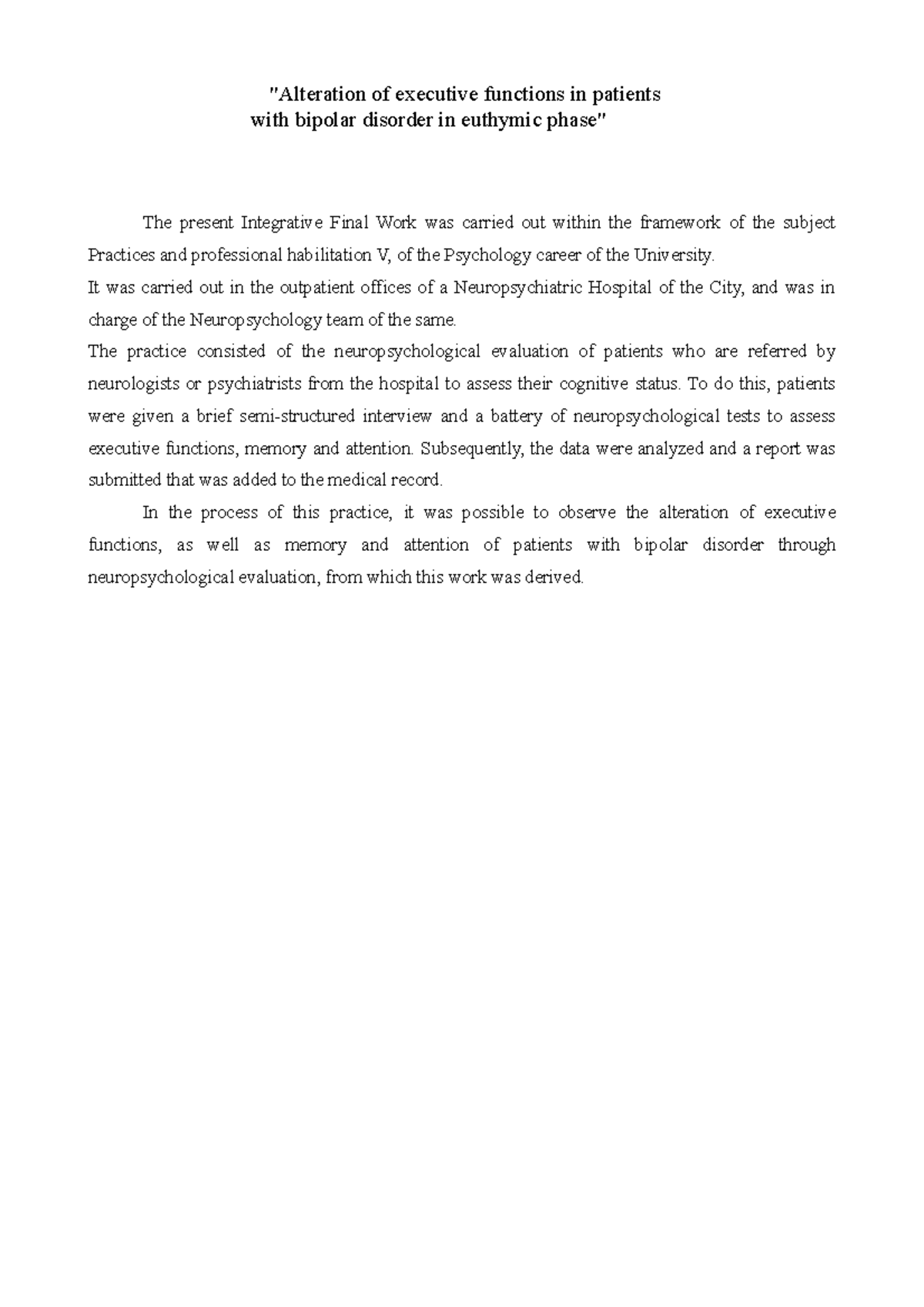 Alteration of executive functions in patients with bipolar disorder in ...