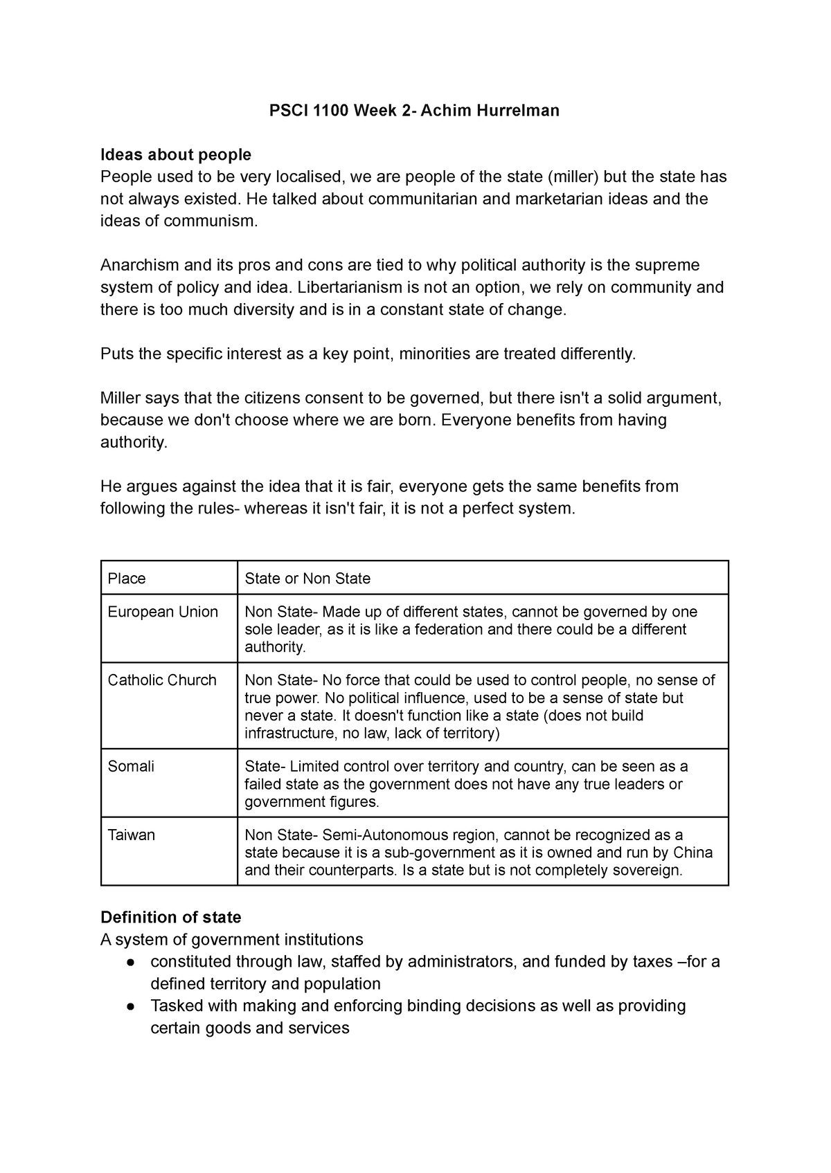 Political Science Notes 2 - PSCI 1100 Week 2- Achim Hurrelman Ideas ...