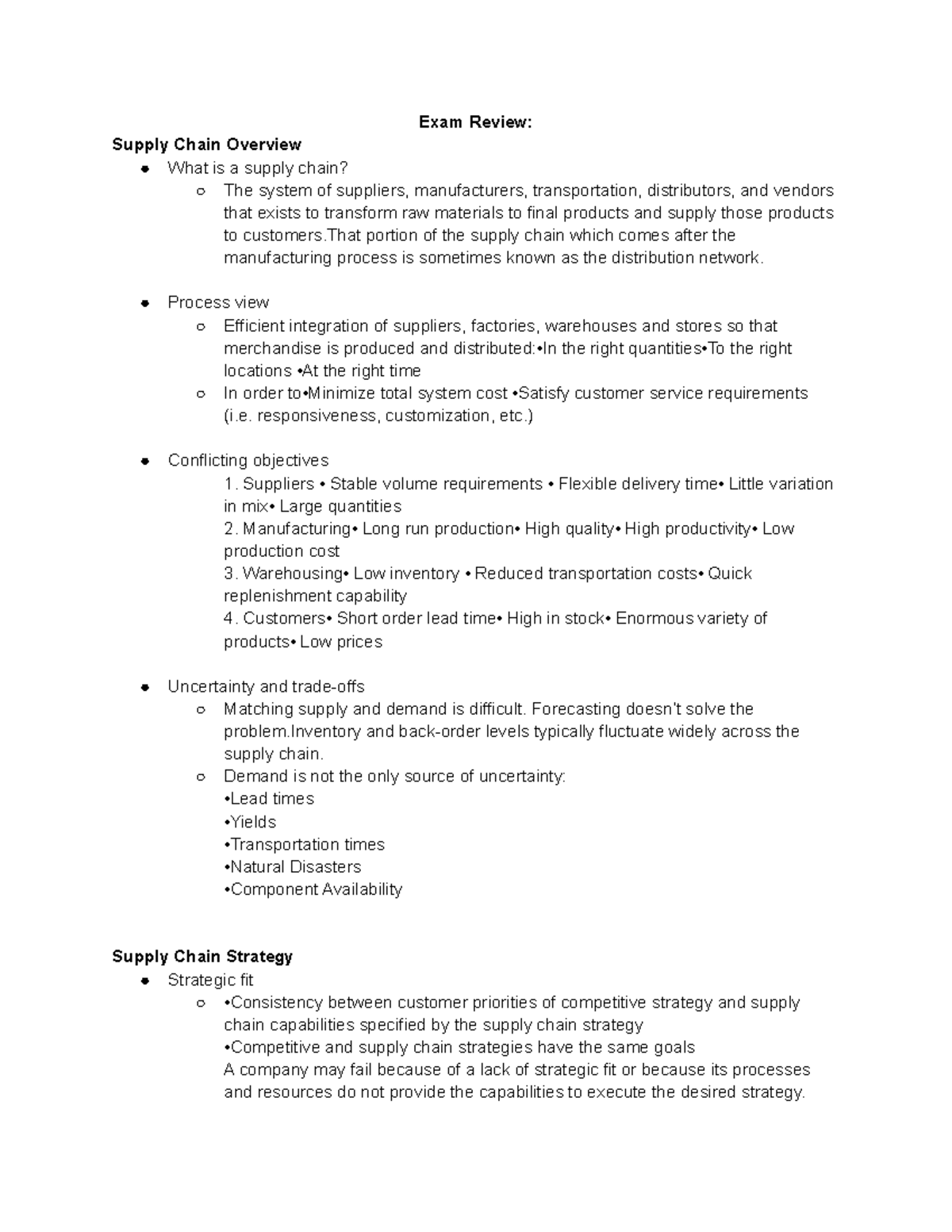 Exam1 Review - Lecture notes 1-4 - Exam Review: Supply Chain Overview ...