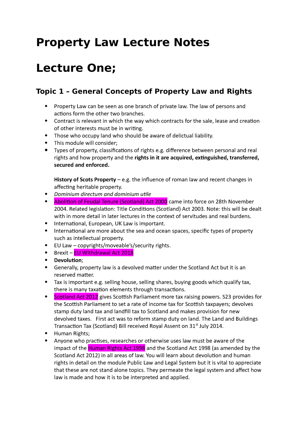 Property Law Lecture Notes - Property Law Lecture Notes Lecture One ...