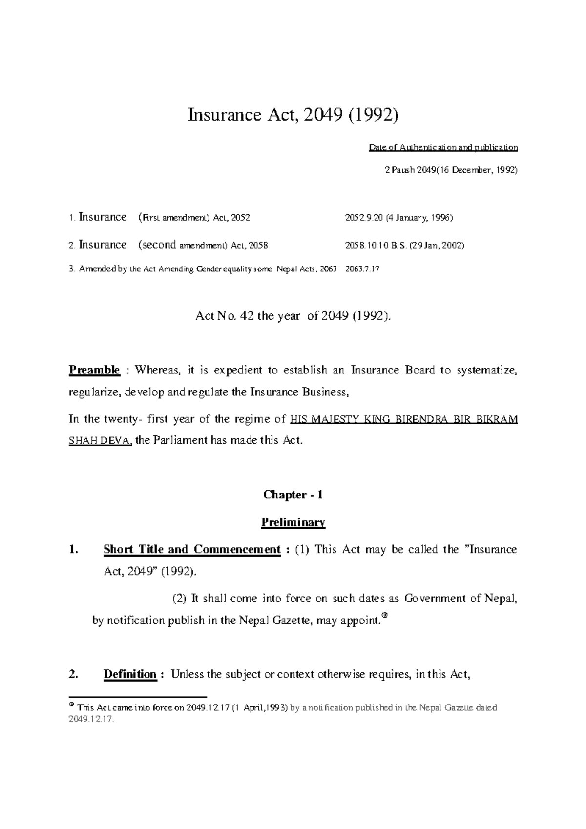 Insurance Act 9 (4 January, 1996) Insurance (second amendment) Act