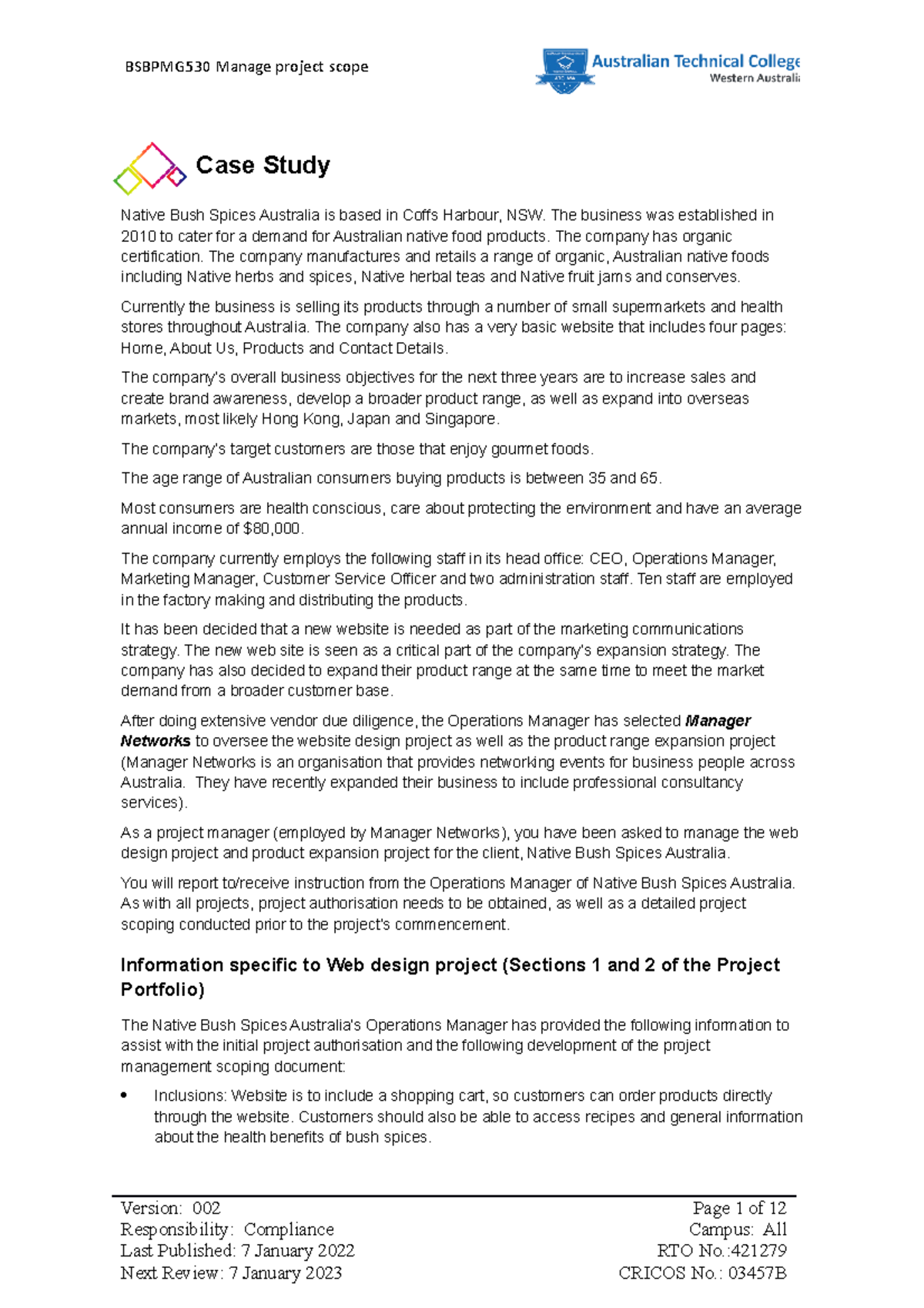 A2 project Simulation Pack Case Study Native Bush Spices Australia is