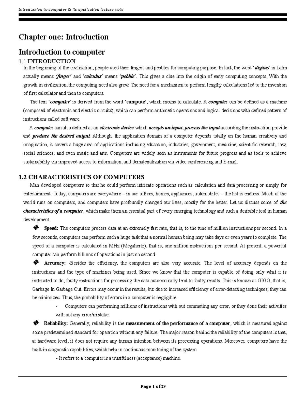 Introduction to computer note revised - Chapter one: Introduction ...