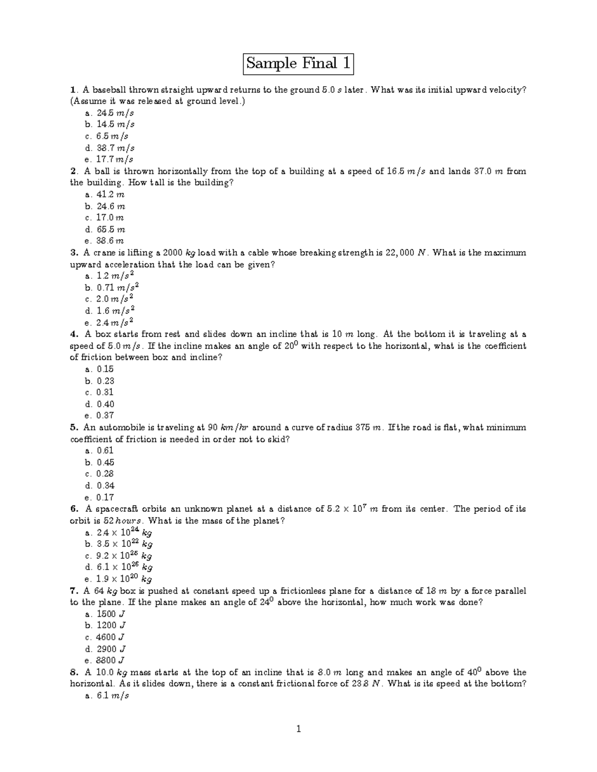 Sample Final - Practice Exam For Physics 1 Honors Class Final - Sample ...