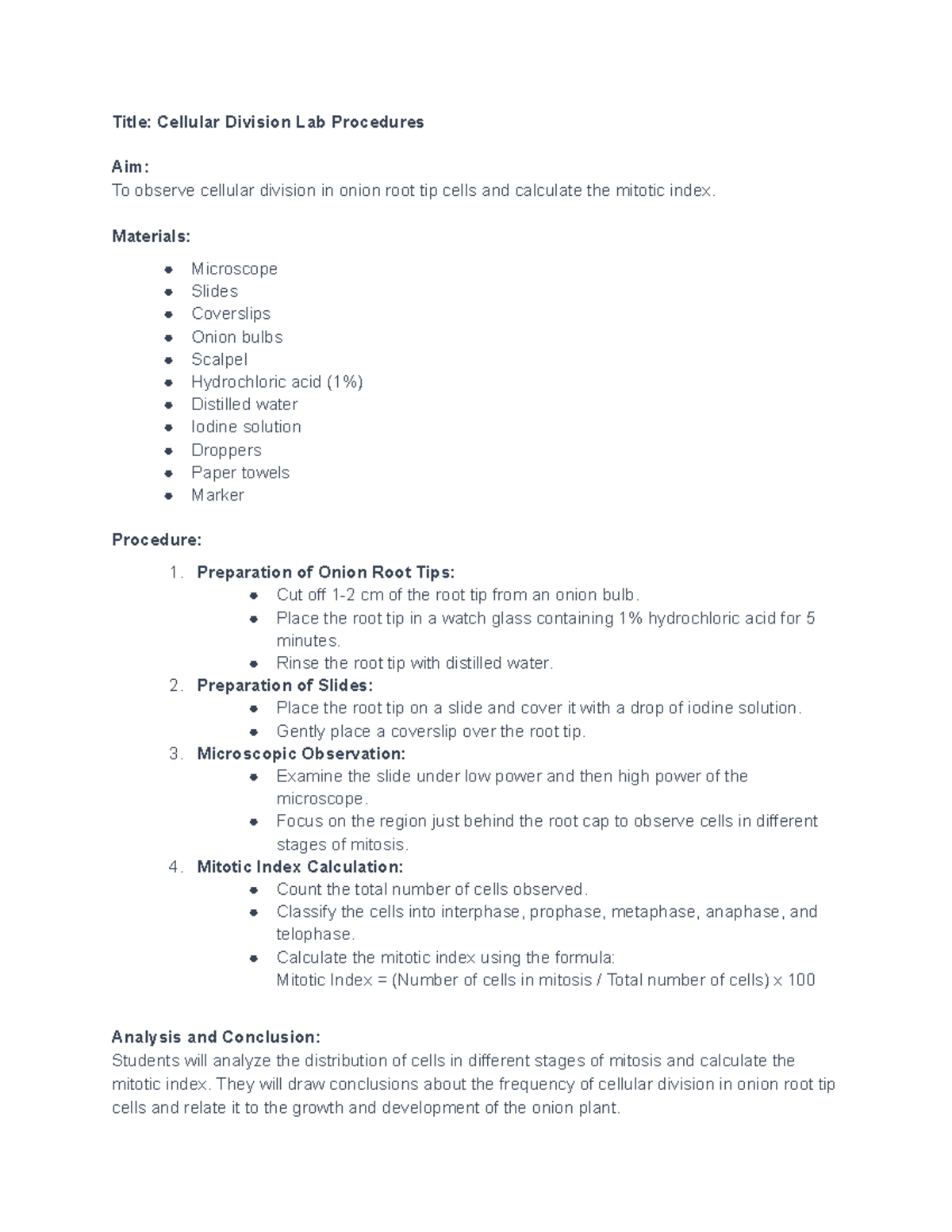 Onion Cellular Division Lab Procedures Title Cellular Division Lab