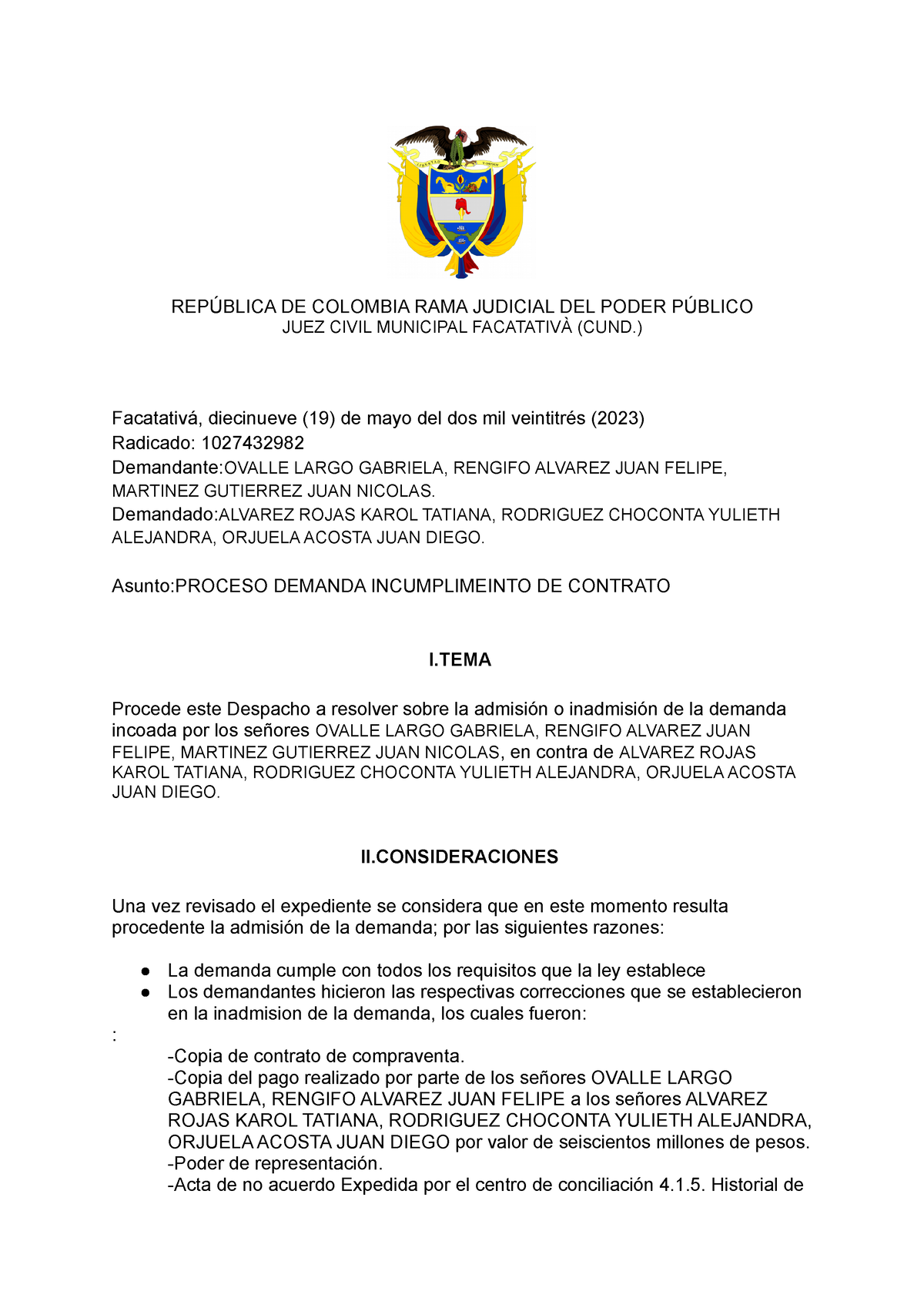 Admision DE Demanda - REPÚBLICA DE COLOMBIA RAMA JUDICIAL DEL PODER ...