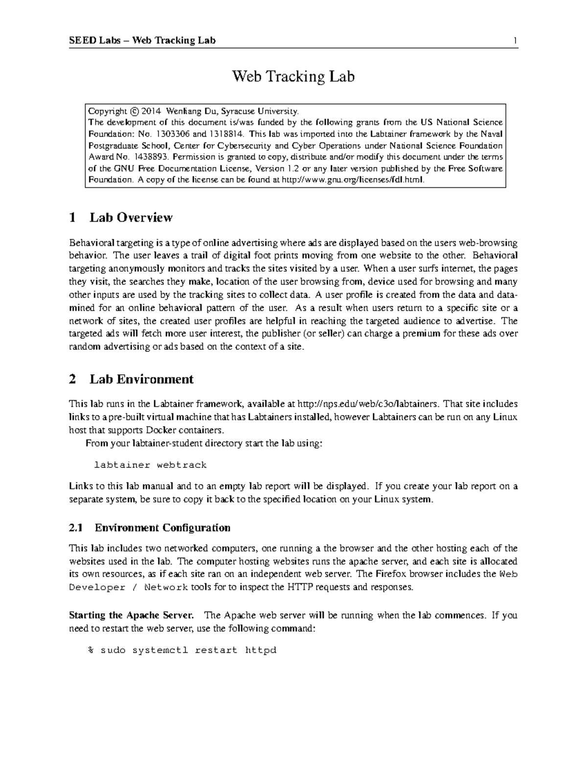 Webtrack - assignment - Web Tracking Lab Copyright c© 2014 Wenliang Du ...