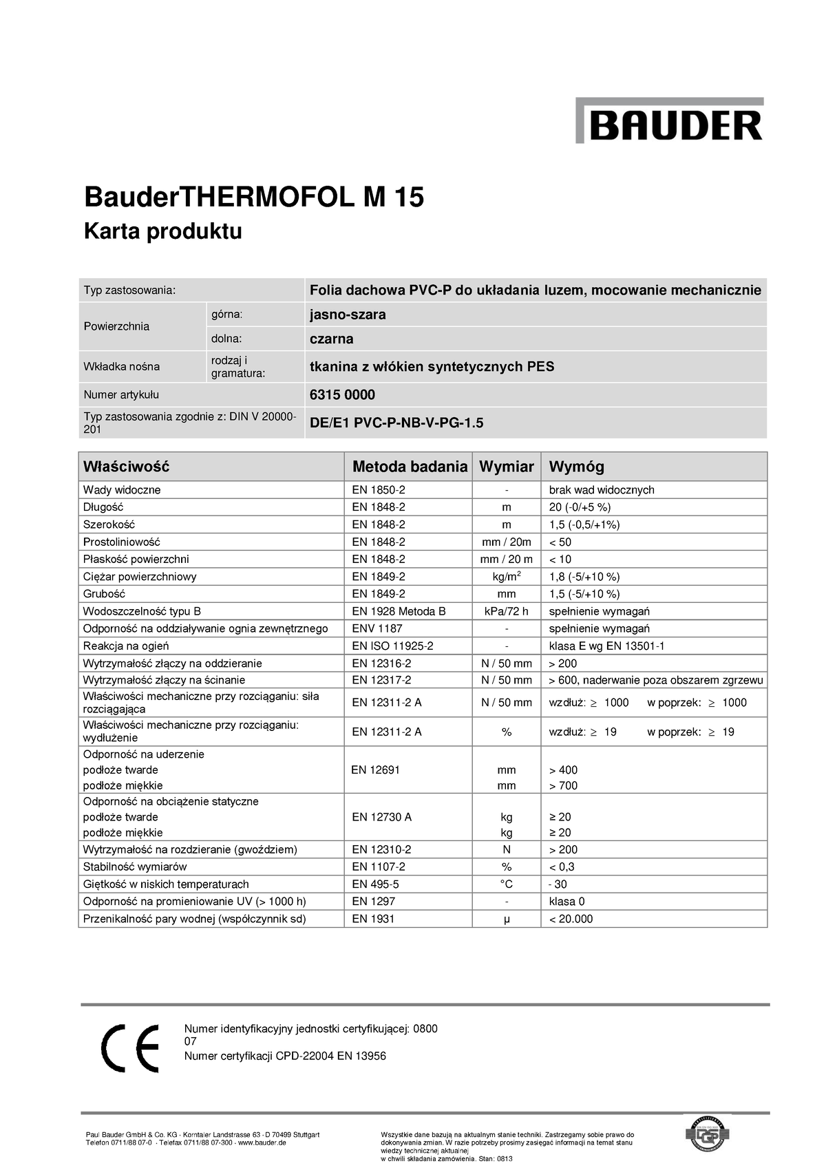 Karta Produktu Bauder Thermofol M Bauderthermofol M Karta Produktu Typ Zastosowania