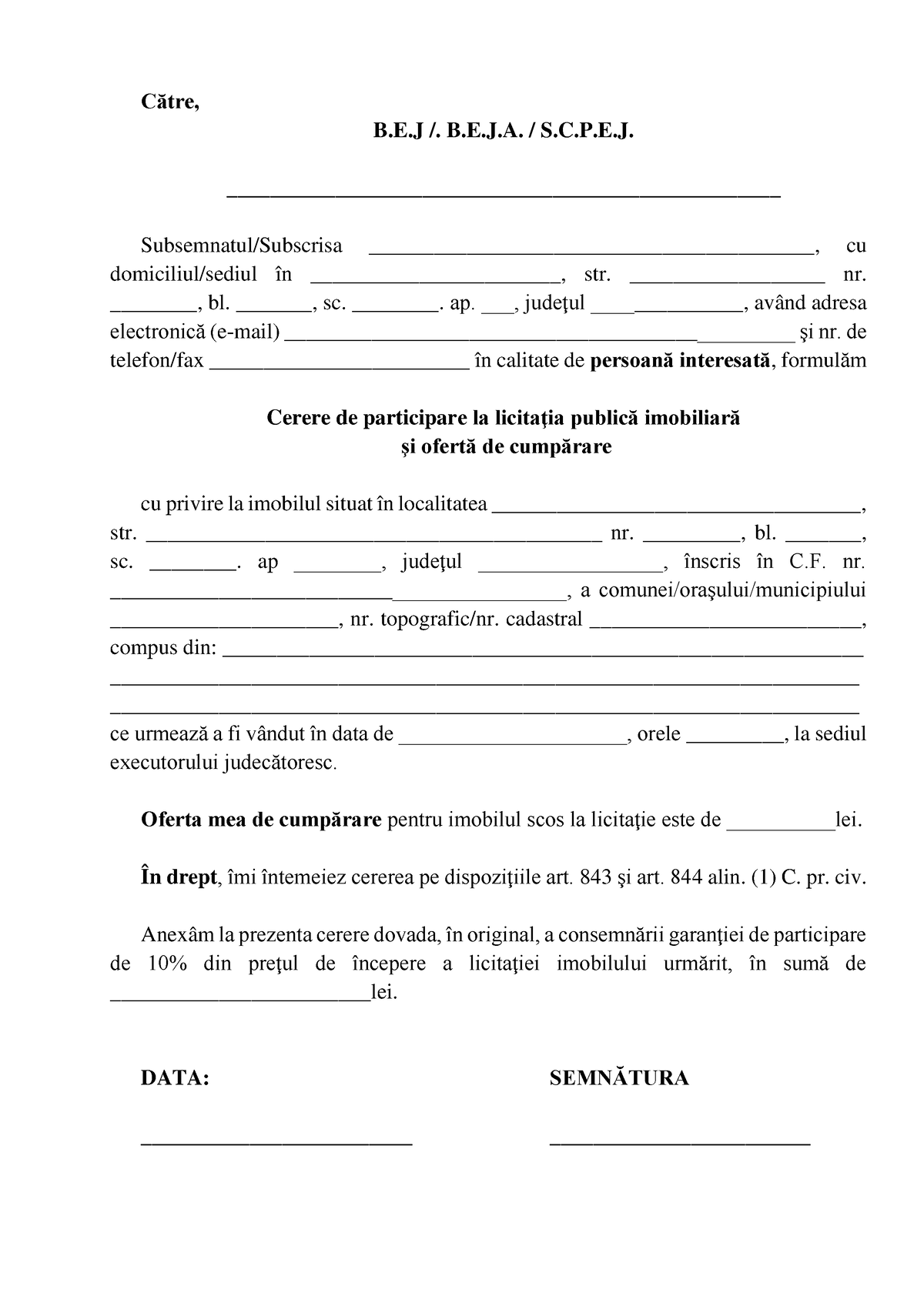 Cerere De Participare La Licitatie - Către, B.E /. B.E.J. / S.C.P.E ...