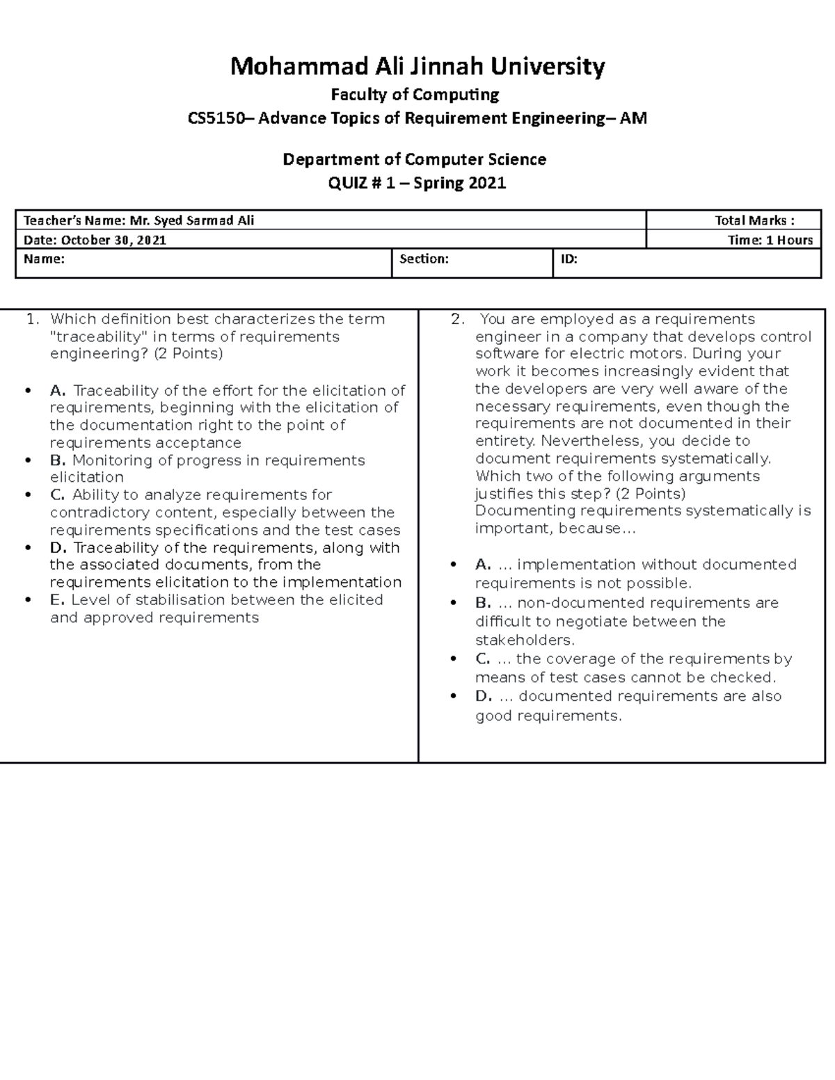 Quiz 1 ATRE - Requirement Engineering related assignment - Software ...