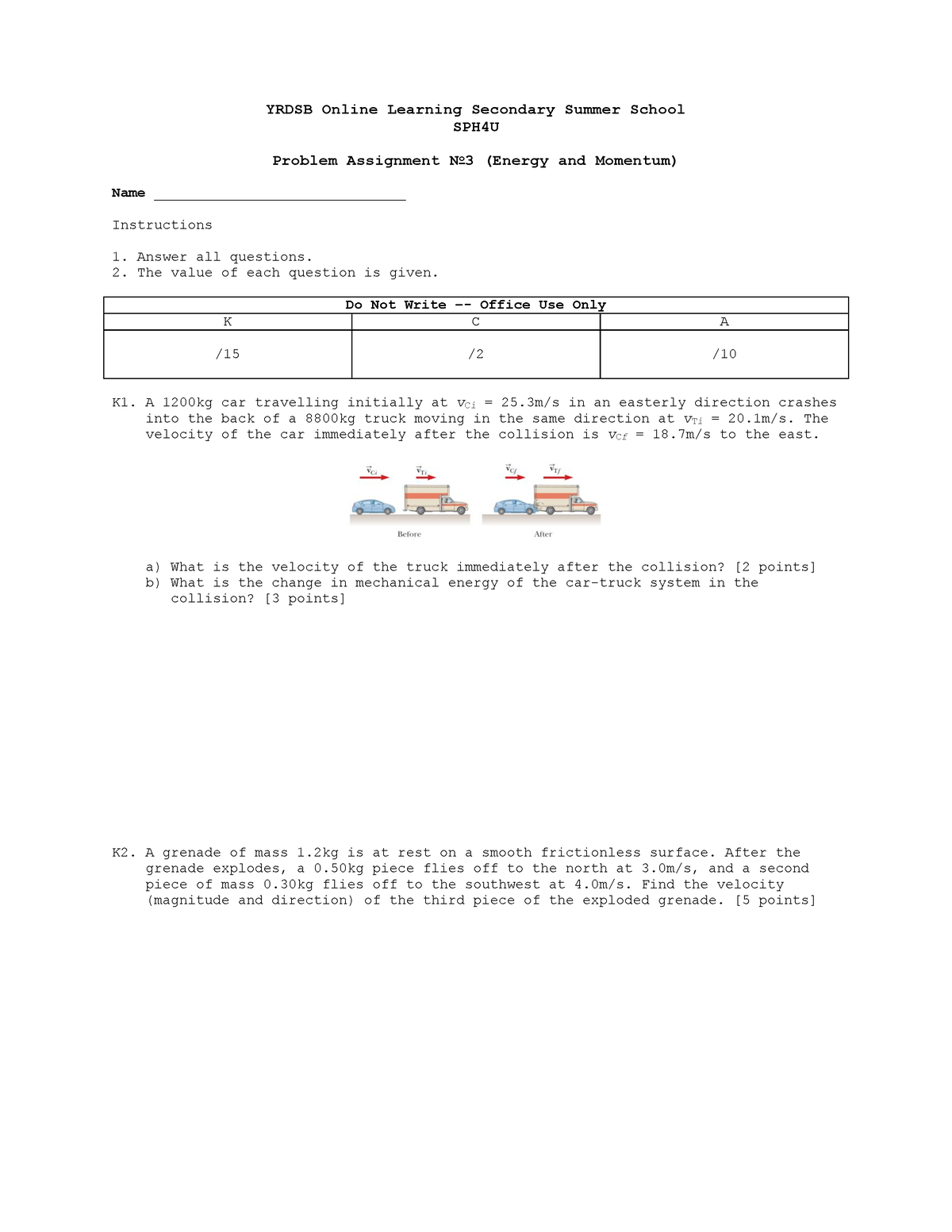 Assignment 3 Energy and Momentum YRDSB Online Learning Secondary