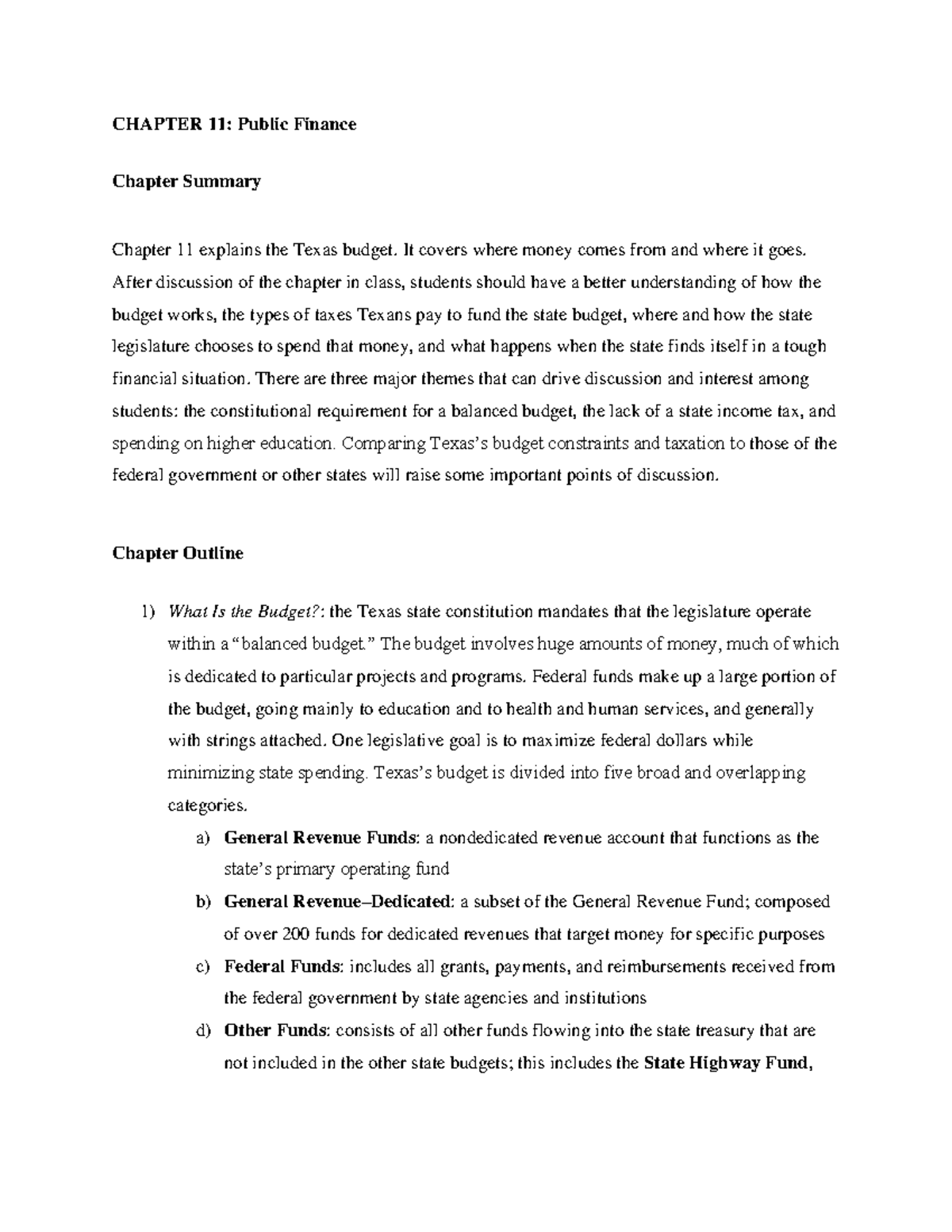 Govtex 5 Outline Summary CH11 - CHAPTER 11: Public Finance Chapter ...