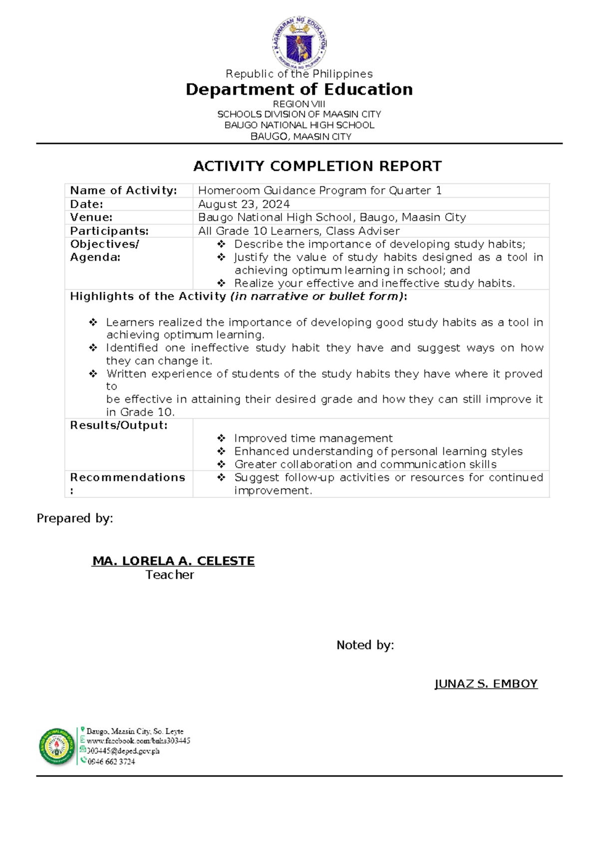 ACR for HRG gr10 - activity completion report on homeroom guidance ...