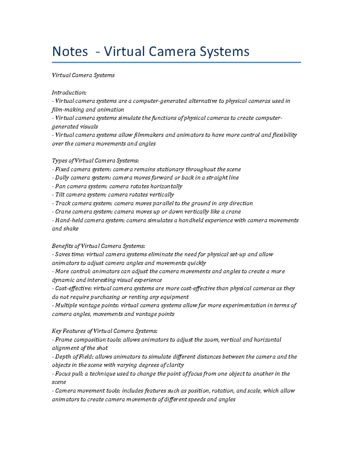 Lecture notes Virtual Camera Systems Notes Virtual Camera Systems