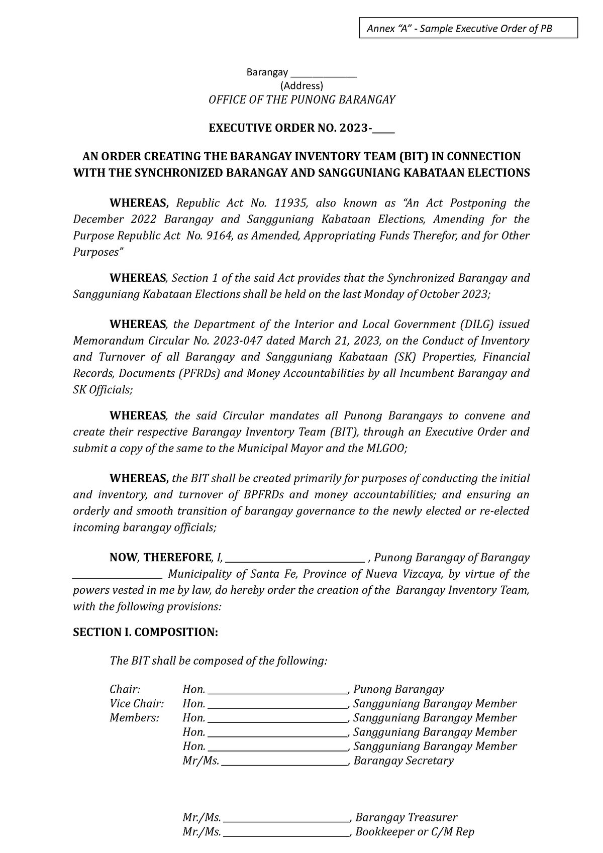 13 Bske 2023 Annexes A B And C Barangay Inventory And Turnover Of