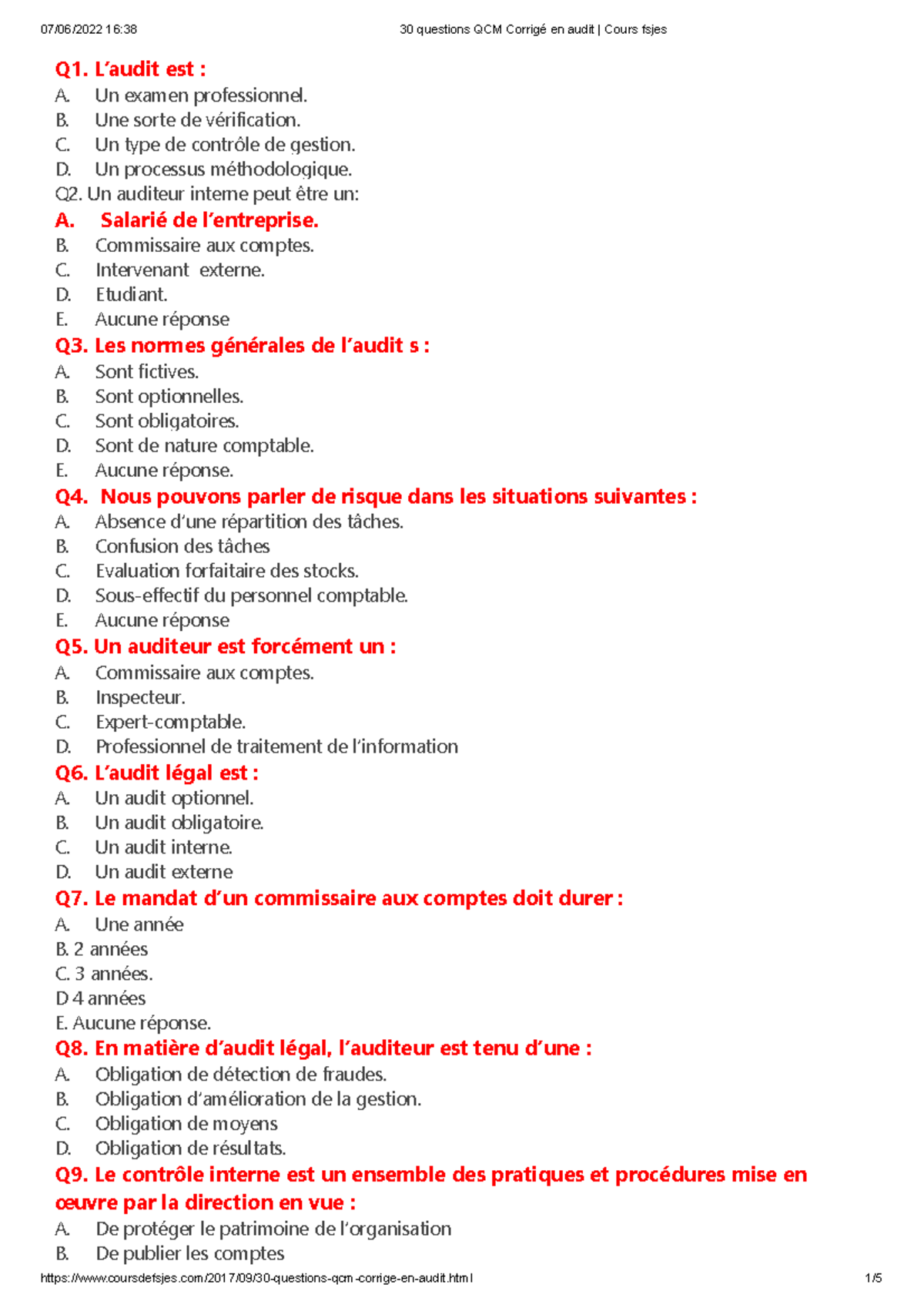 30 Questions QCM Corrigé En Audit Cours Fsjes - Q1. L’audit Est : A. Un ...