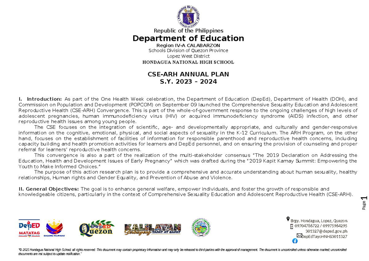 Action-PLAN 2023-CSE-ARH - Brgy. Hondagua, Lopez, Quezon 09704786722 / ...