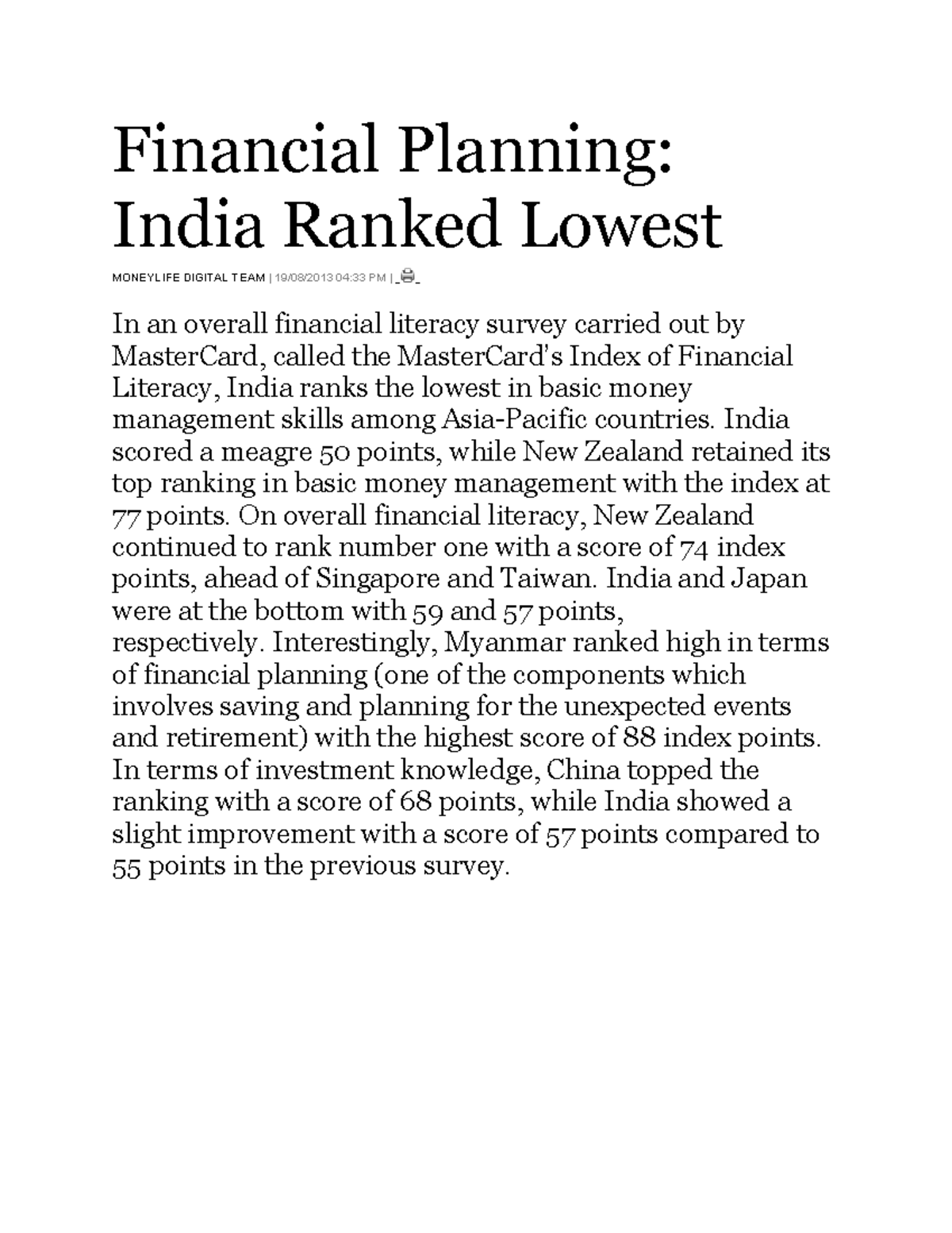 Financial Planning Financial Planning India Ranked Lowest MONEYLIFE