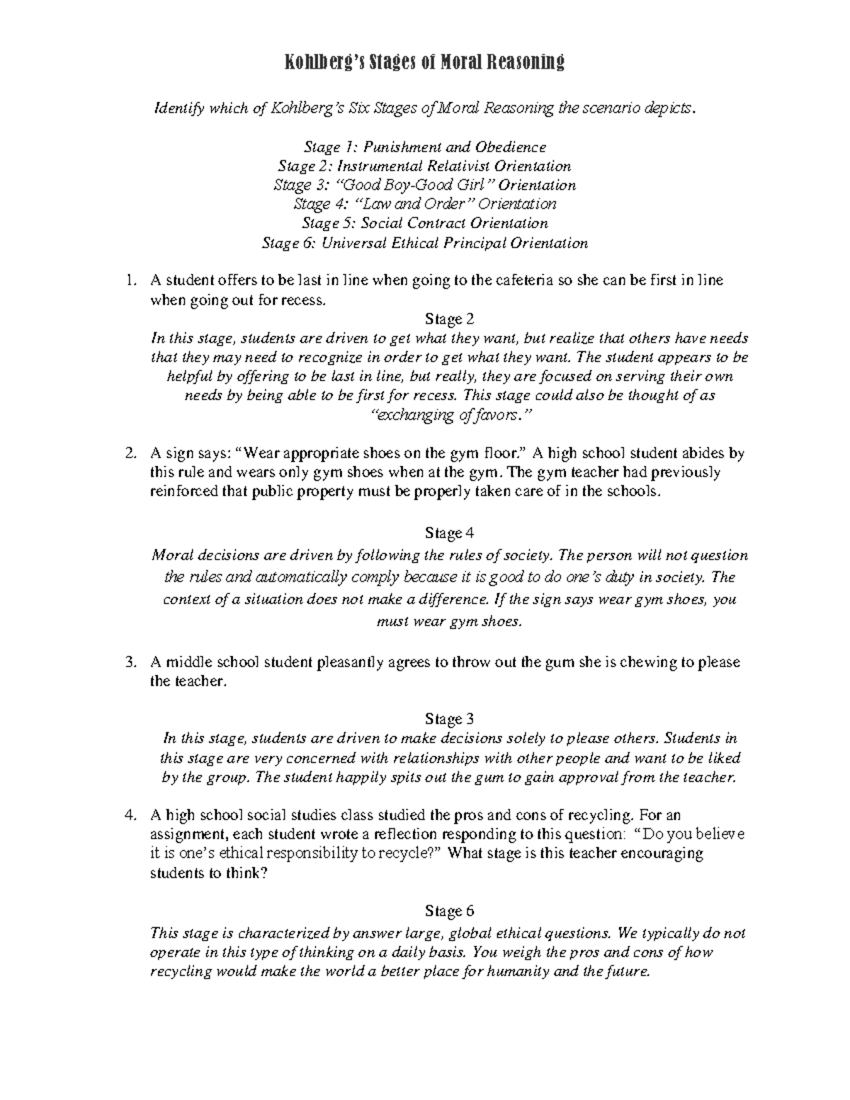 2021-Educational Psychology(Psy3300)-Kohlberg's Stages of Moral Development  Worksheet KEY - - Studocu
