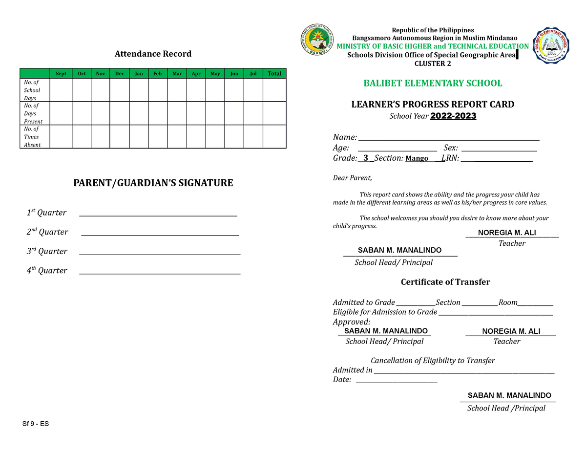 3 Mango - card to all student - Attendance Record Sept Oct Nov Dec Jan ...