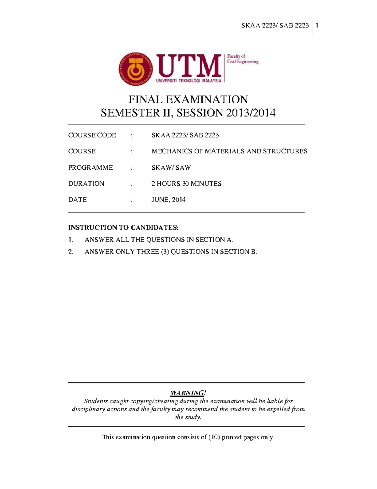 Exam June 2014, questions - SKAA SAB 1 FINAL EXAMINATION SEMESTER II ...