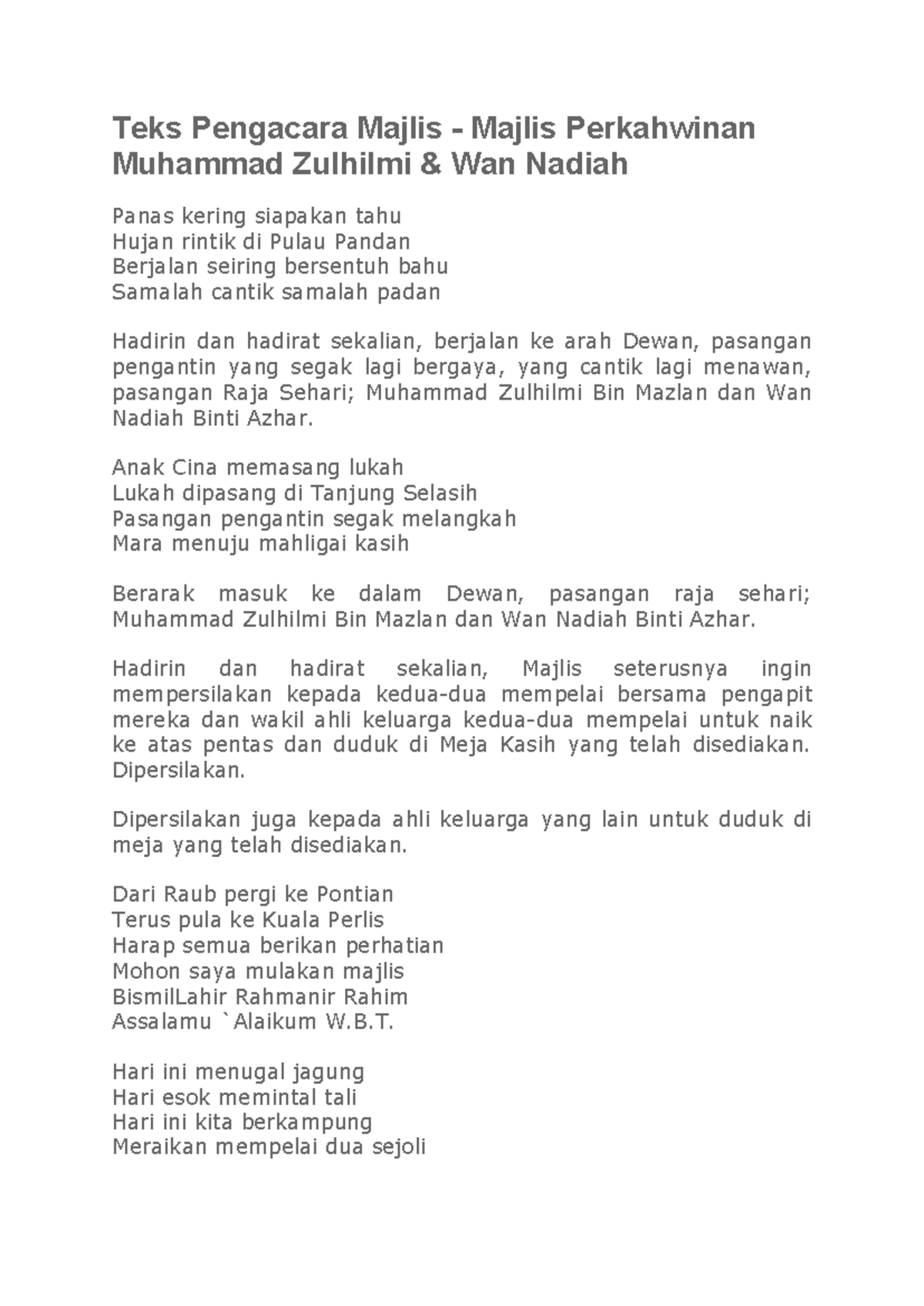 Ilide kenduri khawin Teks Pengacara Majlis Majlis Perkahwinan