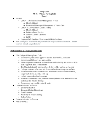 Exam 1 Study Guide - NU 311 - Exam 1 Study Guide Professionalism and ...