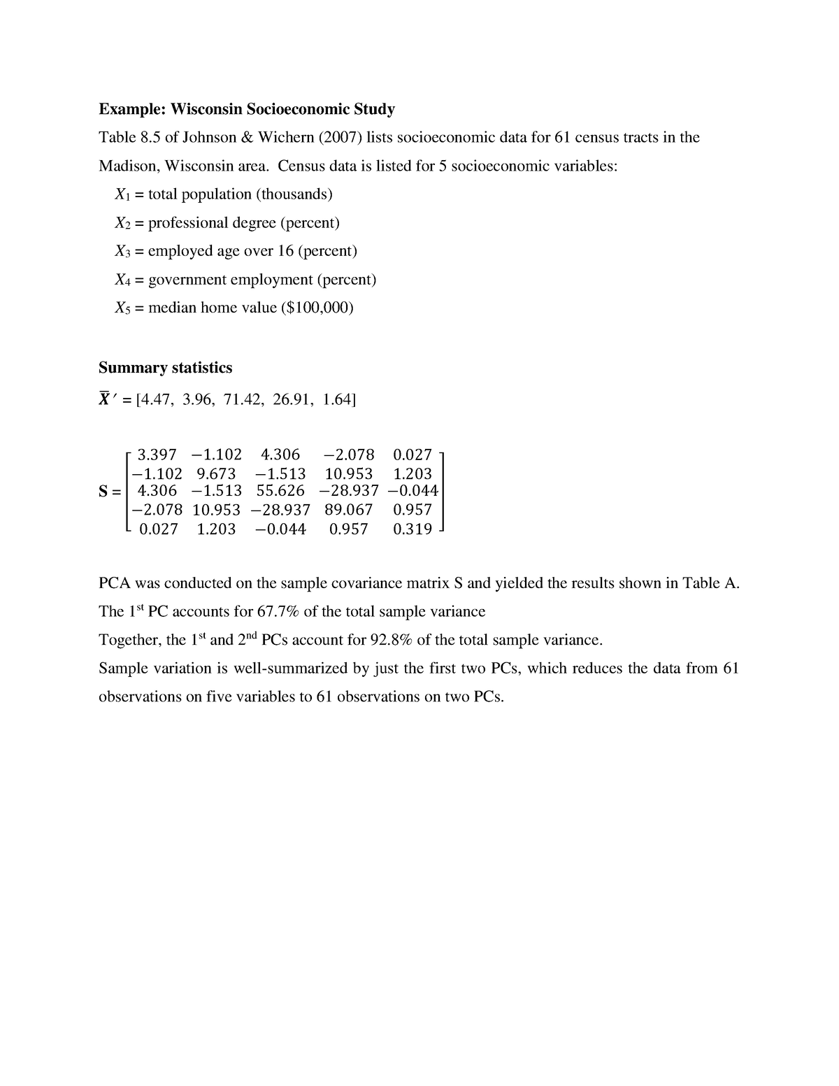 PCA Summary for Wisconsin Socioeconomic Study - Example: Wisconsin Socioeconomic Study Table 8 