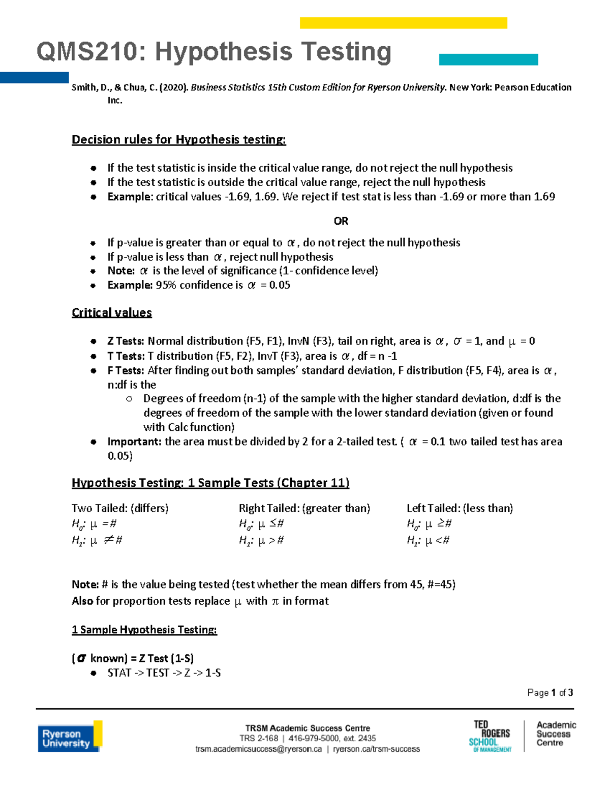 W2020 Qms210 Hypothesis Testing Qms210 Hypothesis Testing Smith D