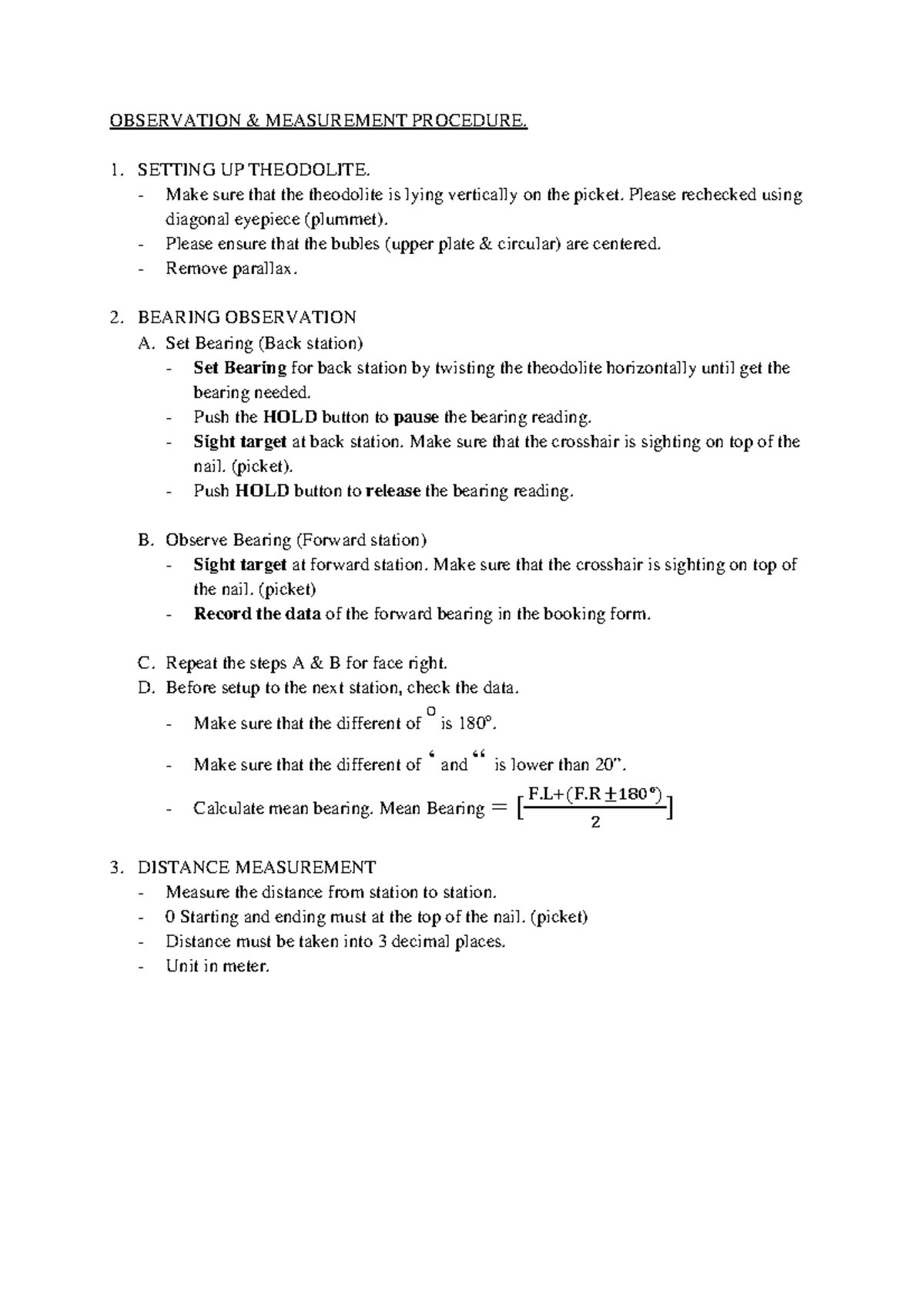 Observation Traverse - OBSERVATION & MEASUREMENT PROCEDURE. 1. SETTING ...