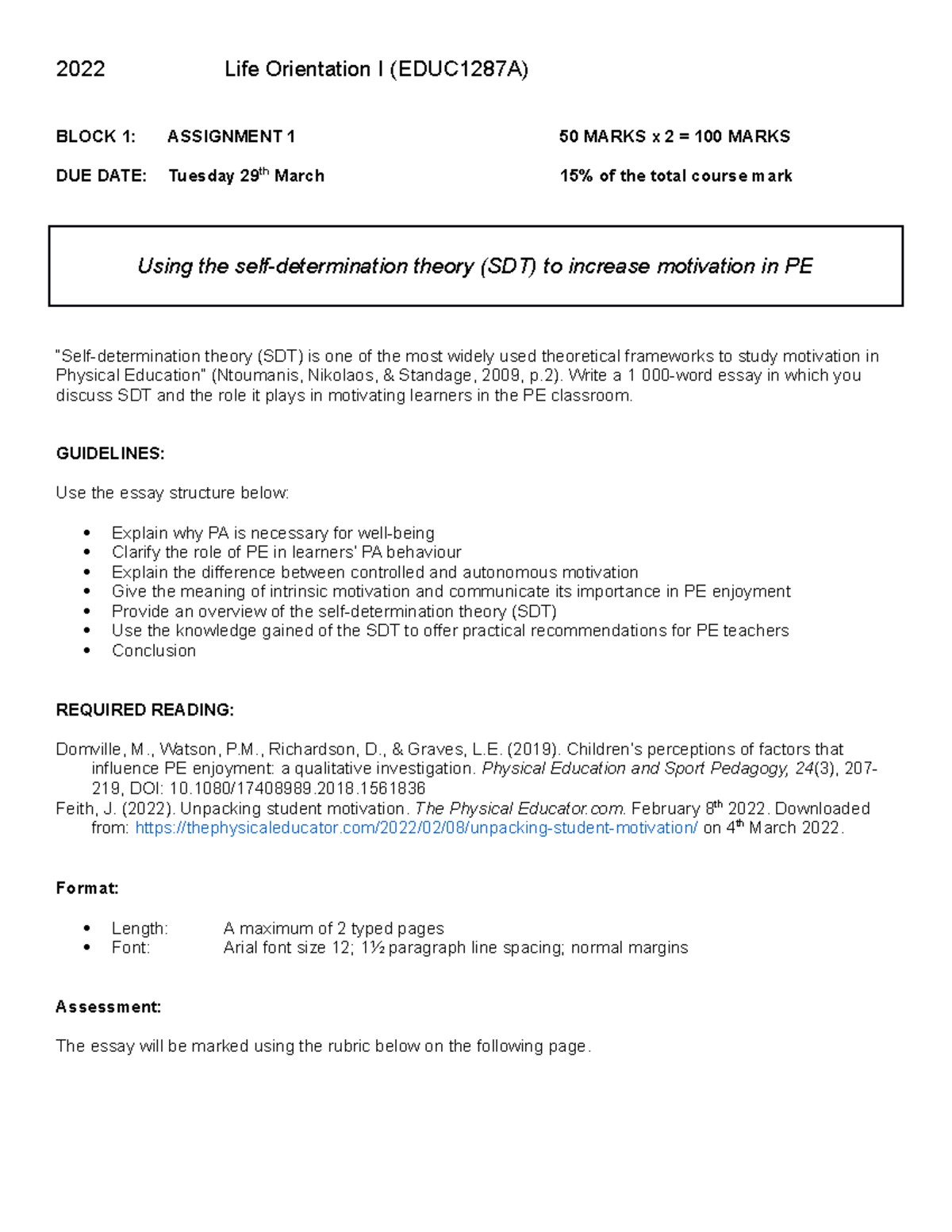 2022 LO I block 1 assignment 1 - 2022 Life Orientation I (EDUC1287A ...