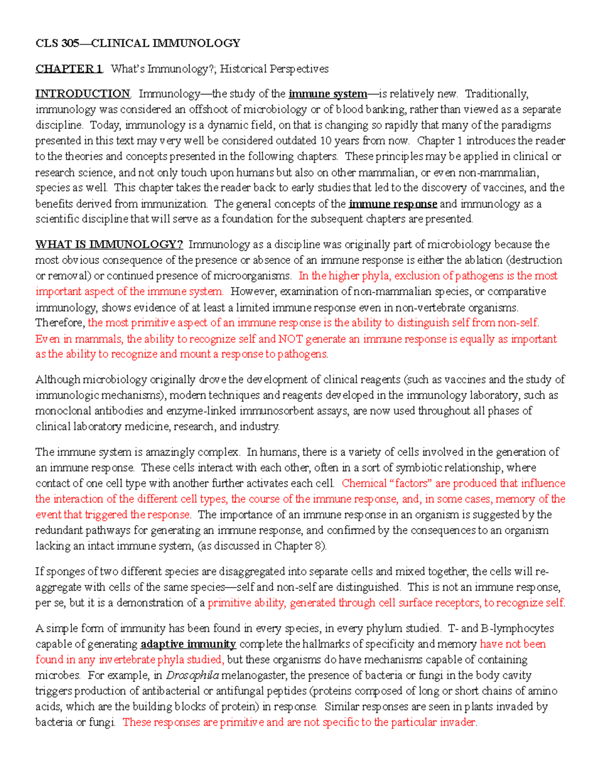 CLS 305 Hapter ONE NOTE - Lecture notes 1 - CLS 305—CLINICAL IMMUNOLOGY ...