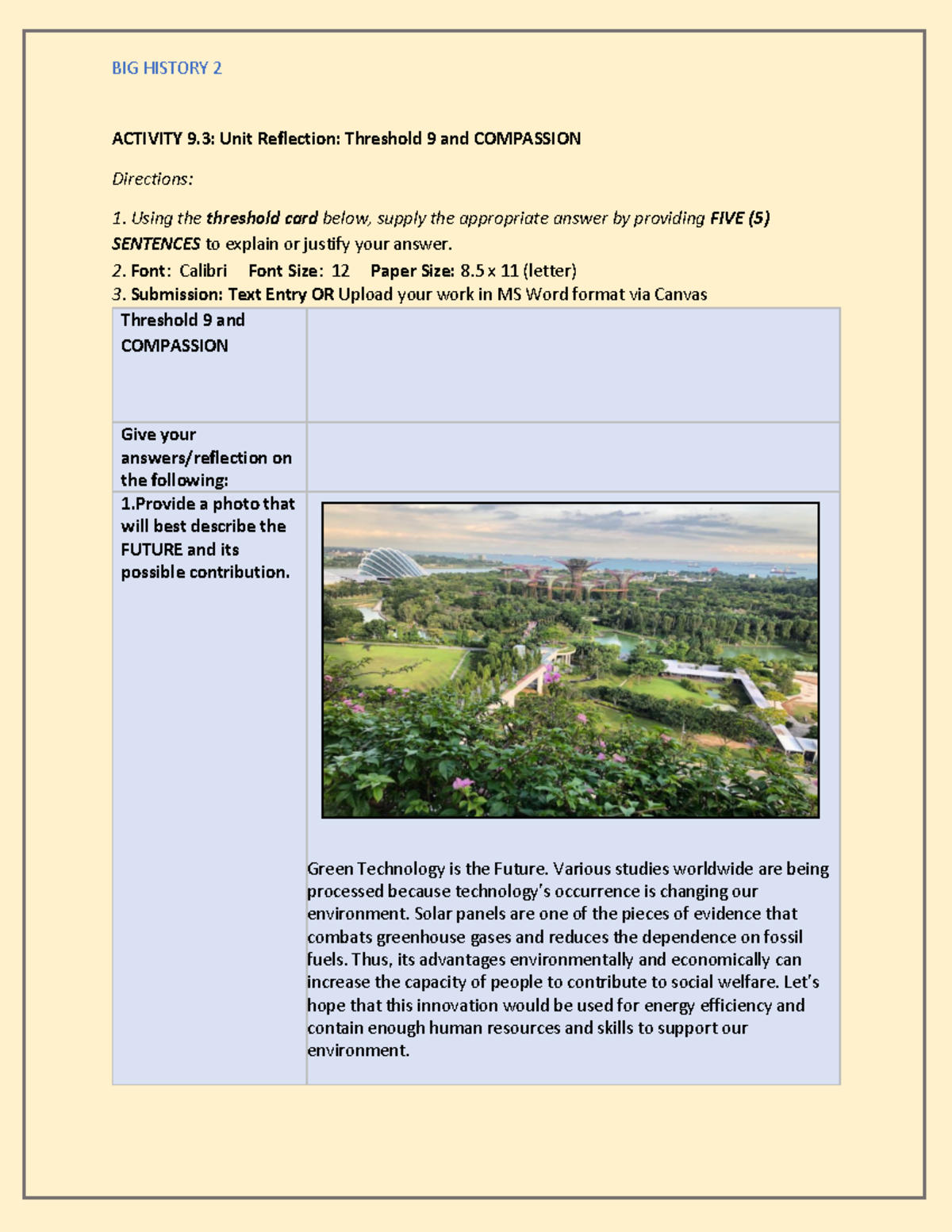 Unit Reflection Threshold 9 and Compassion BIG HISTORY 2 ACTIVITY 9