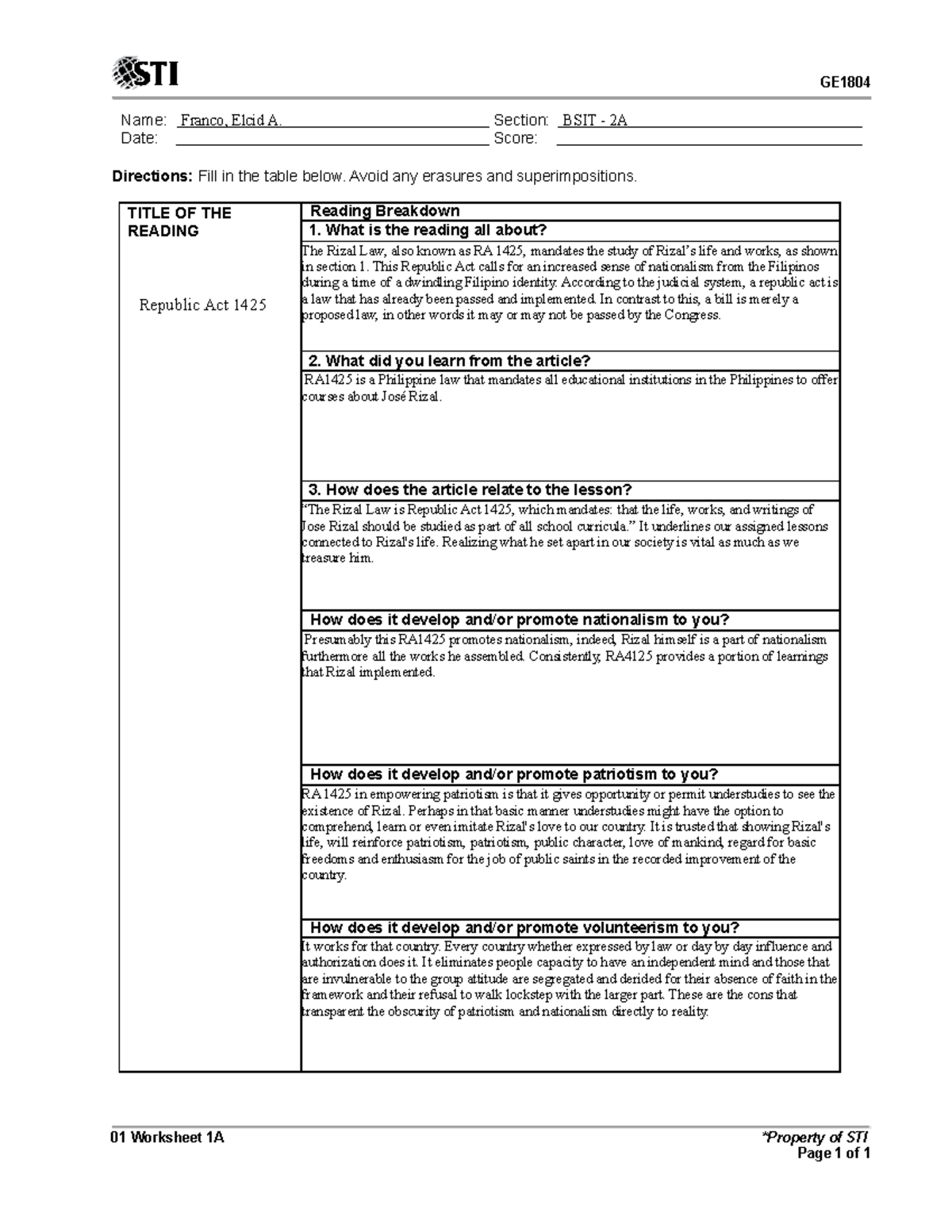 RA 4125 - RA 4125 - GE Name: Franco, Elcid A. Section: BSIT - 2A Date ...