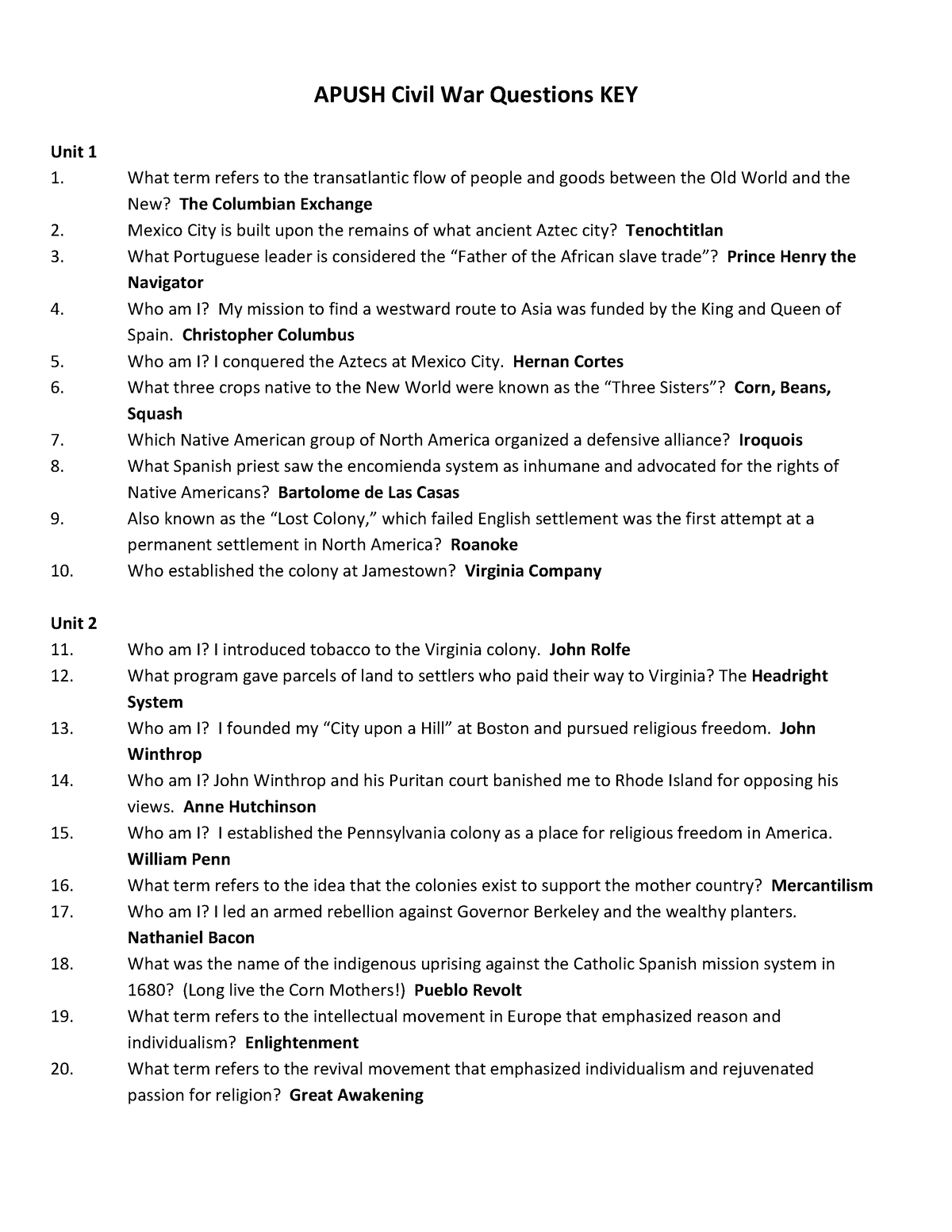 Apush+Civil+War+Questions+KEY APUSH Civil War Questions KEY Unit 1