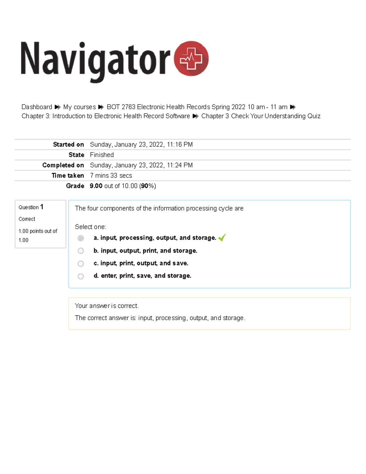 EHR Chapter 3 Check Your Understanding Quiz Question 1 Correct 1